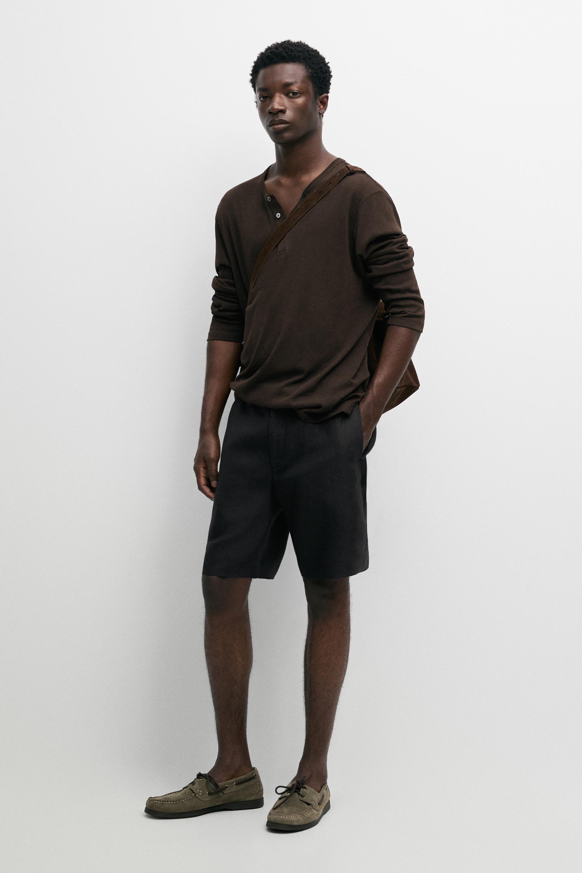 100% linen short Bermuda shorts — BLACK