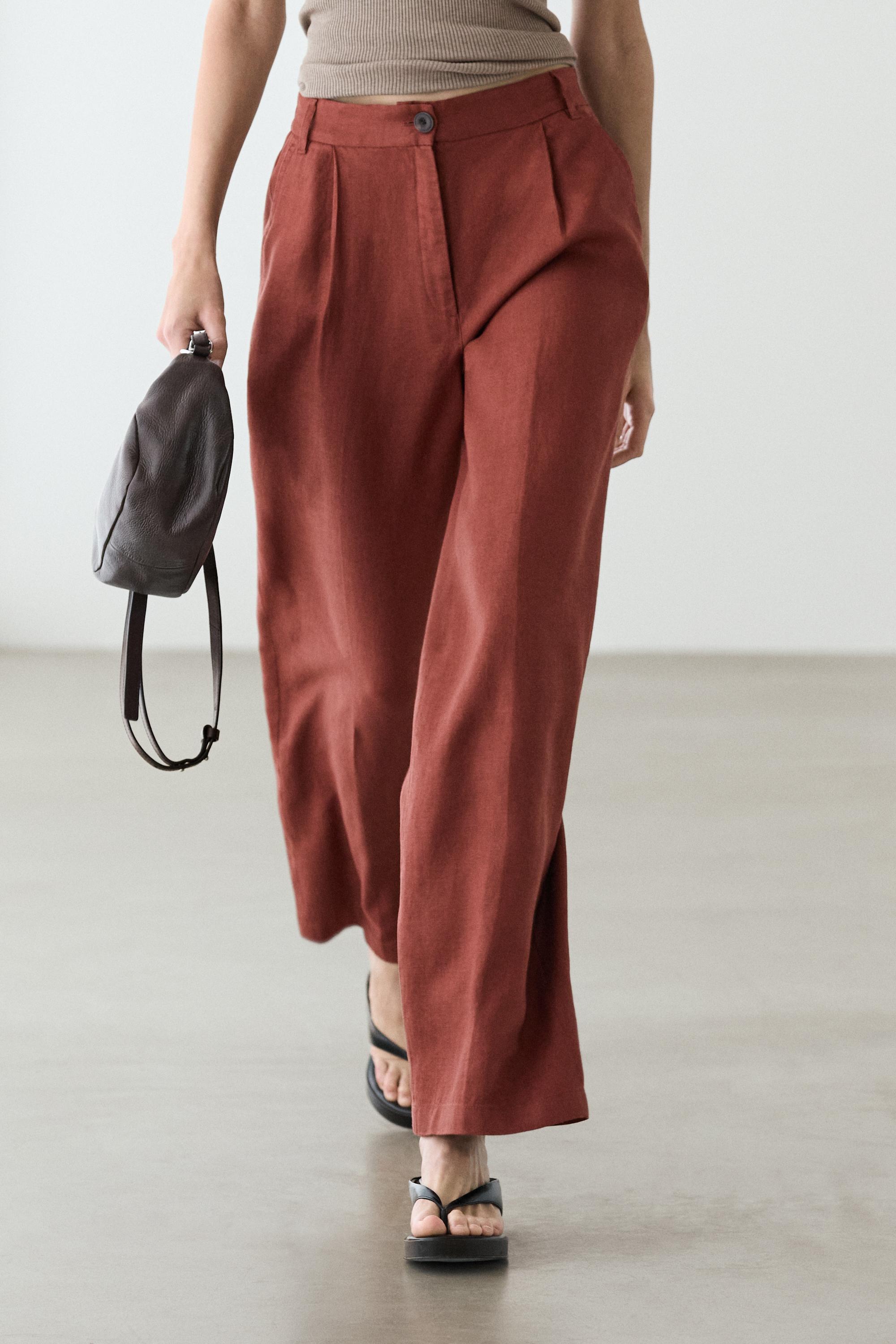 100% linen wide-leg elasticated trousers — Orange