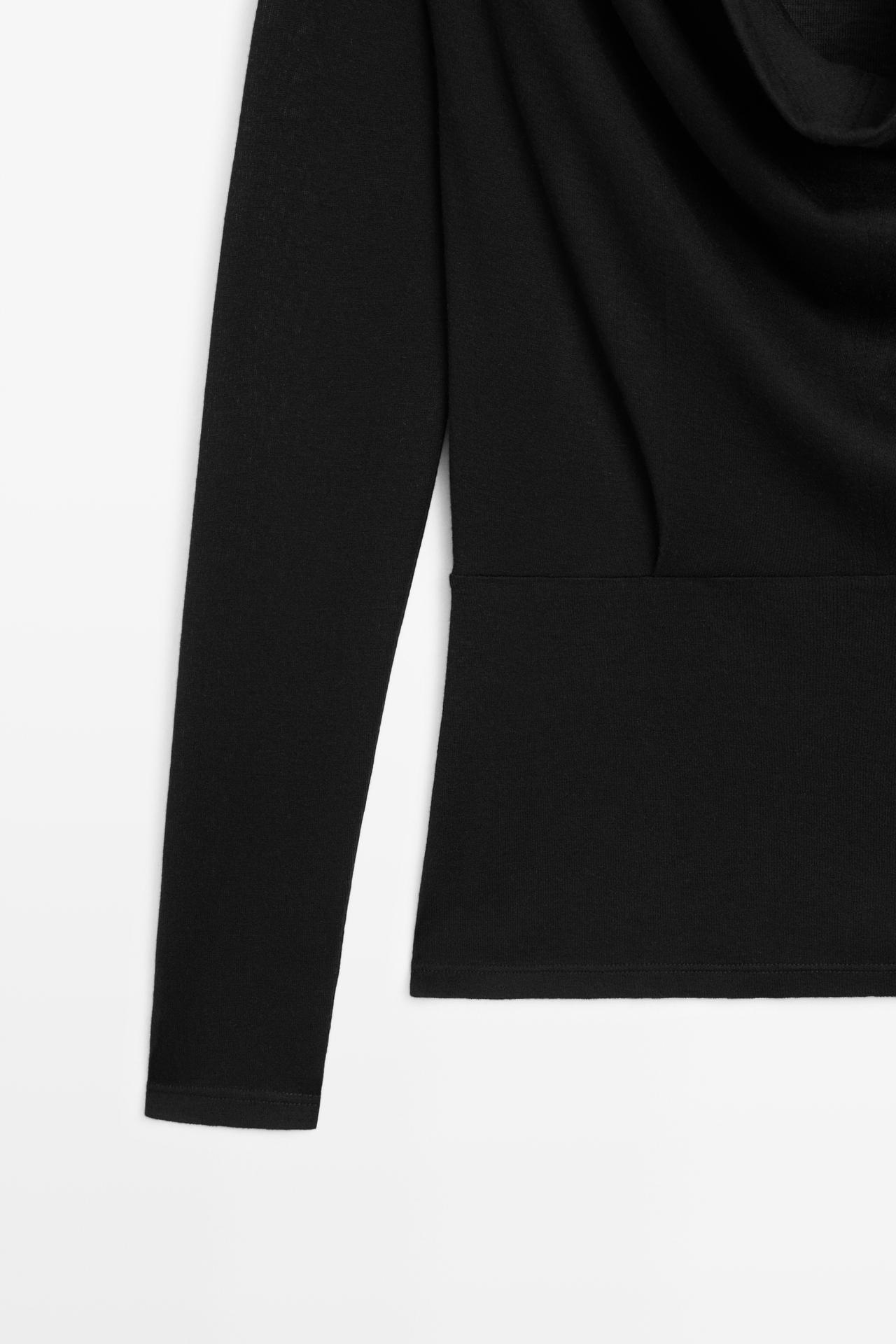 Long sleeve top with draped neckline — BLACK