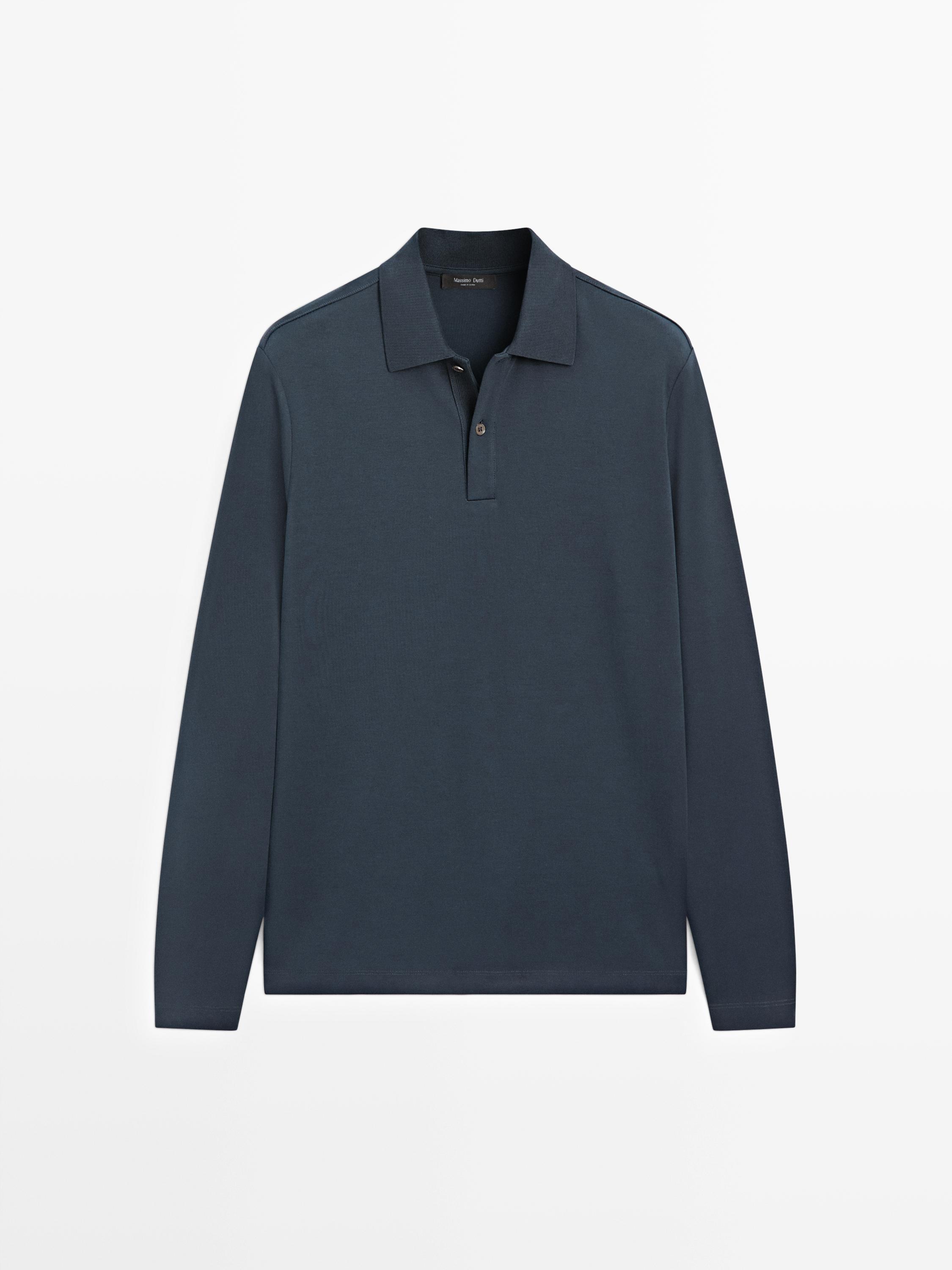 Long sleeve polo shirt with ribbed detail — NAVY BLUE