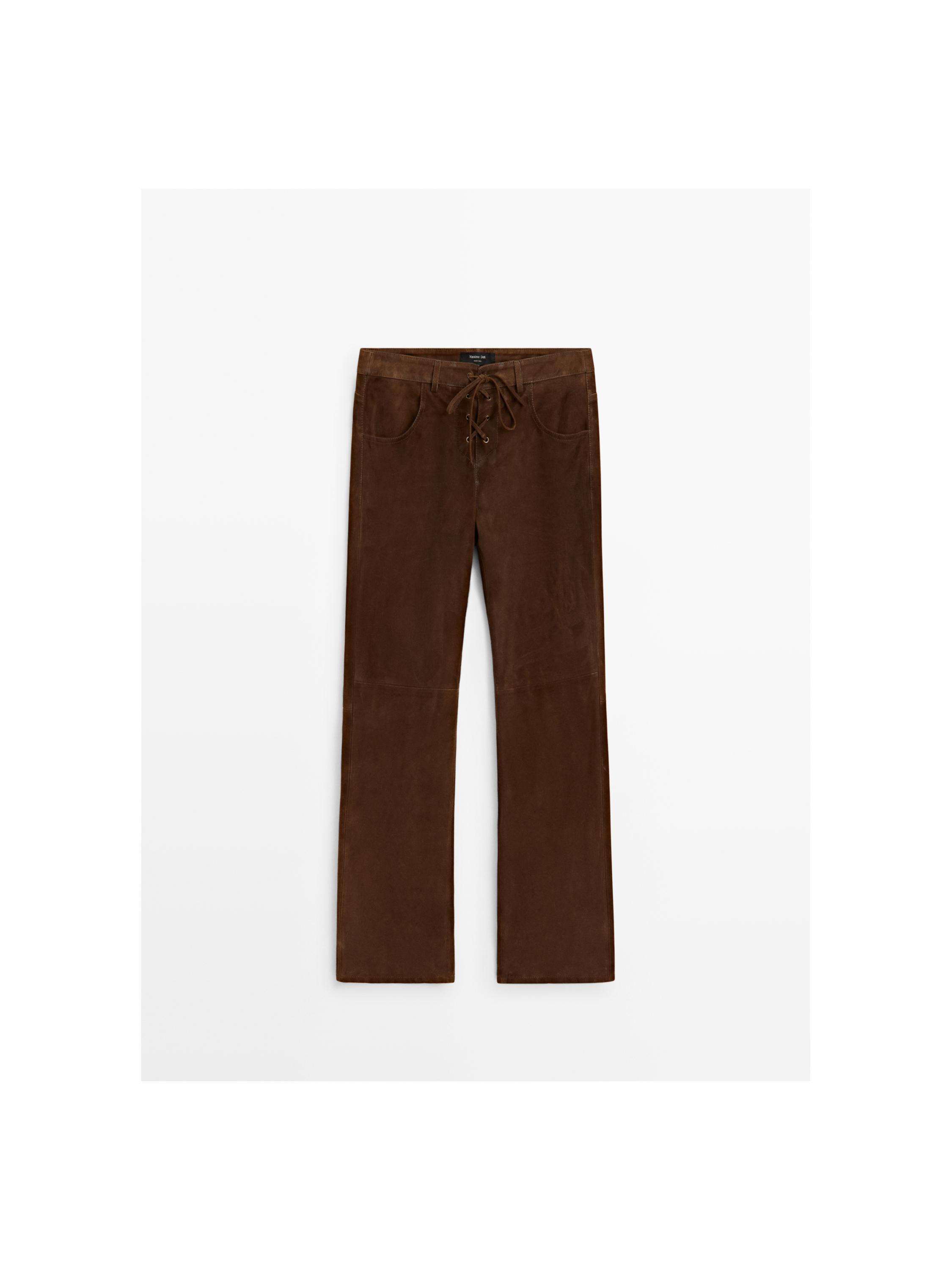Cropped suede leather trousers with drawstrings — BROWN