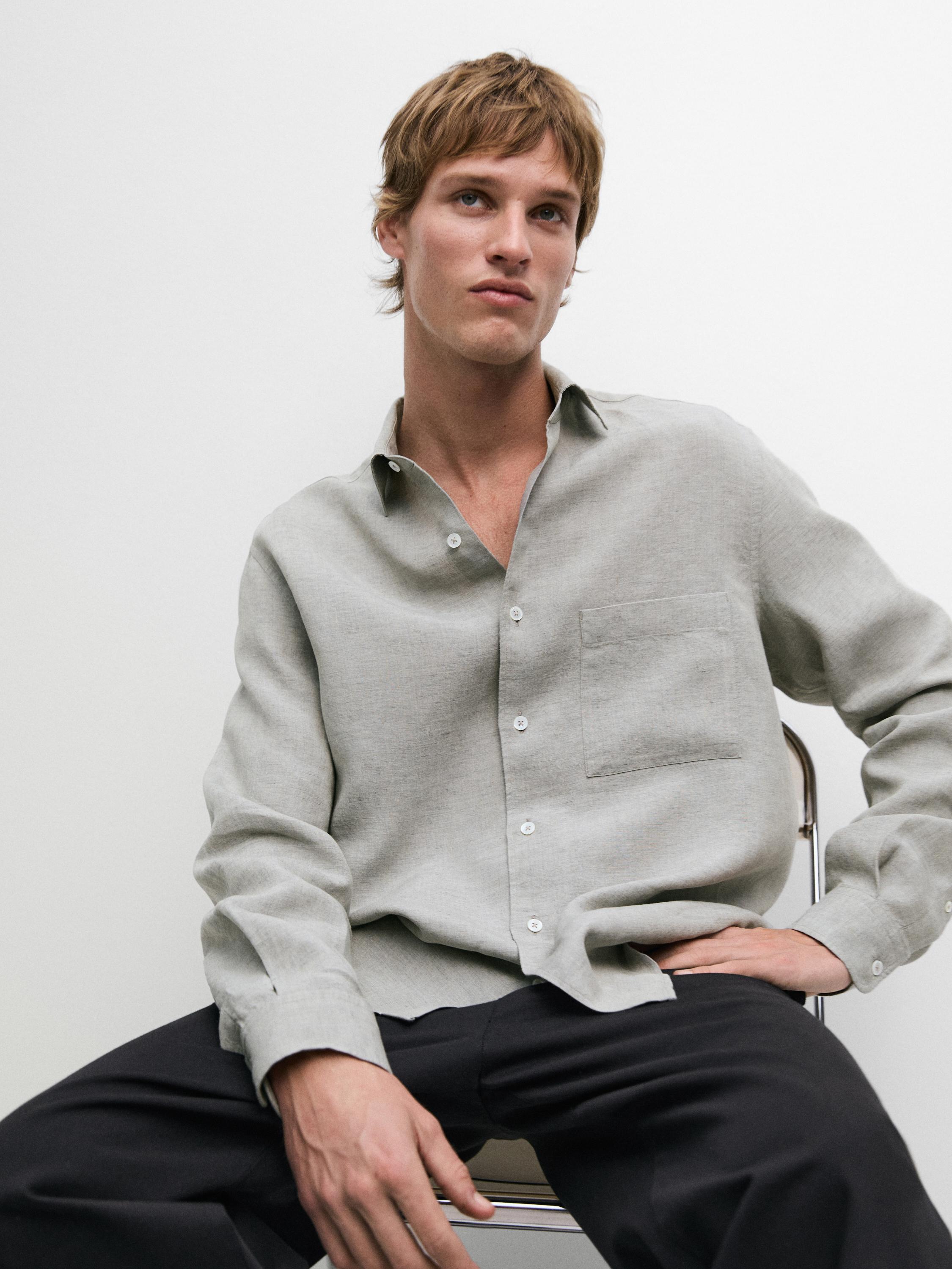 100% linen regular fit shirt with pocket — GREY