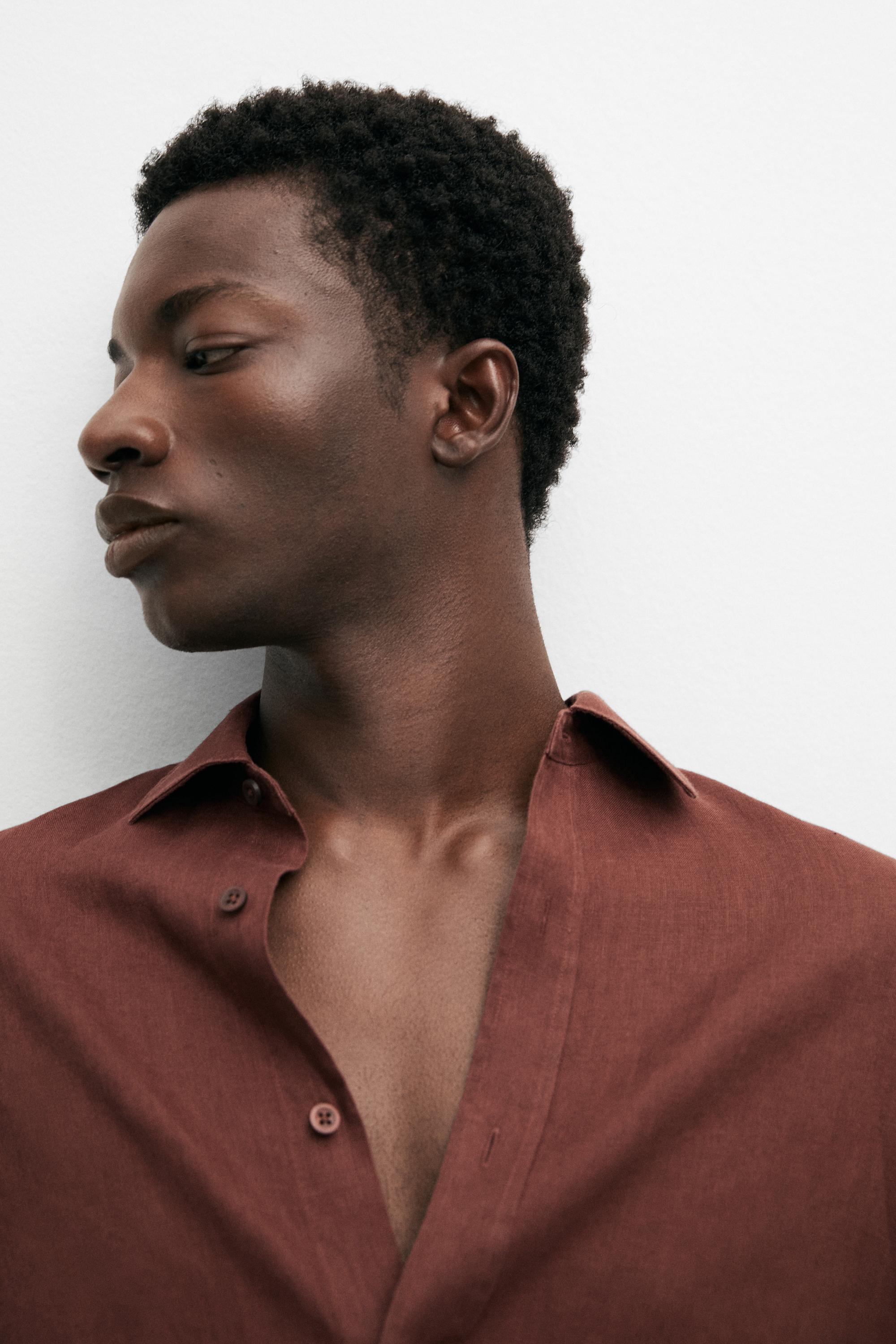 100% linen slim fit shirt — TERRA-COTTA