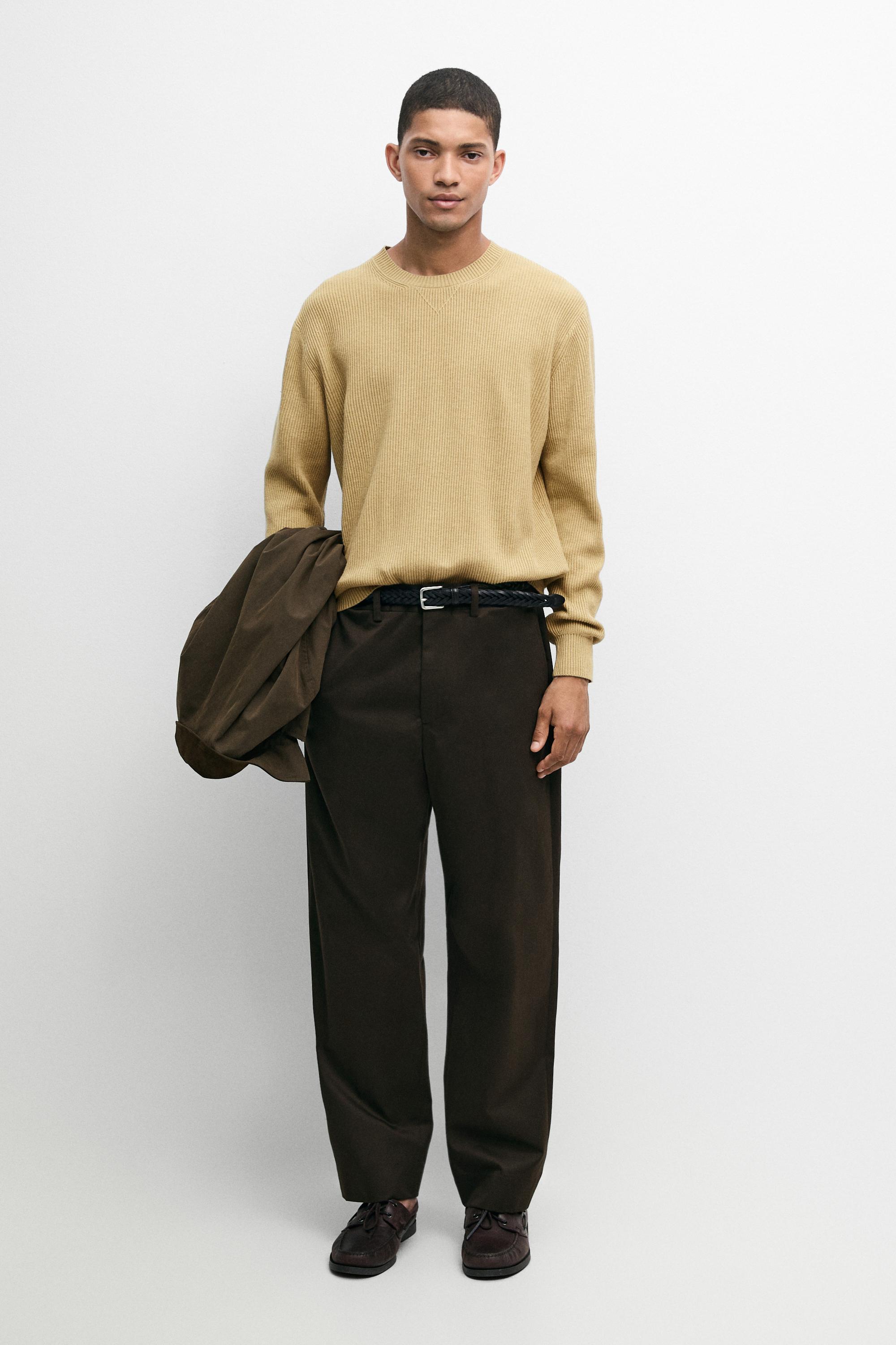 Cotton blend ribbed knit sweater — CREAM