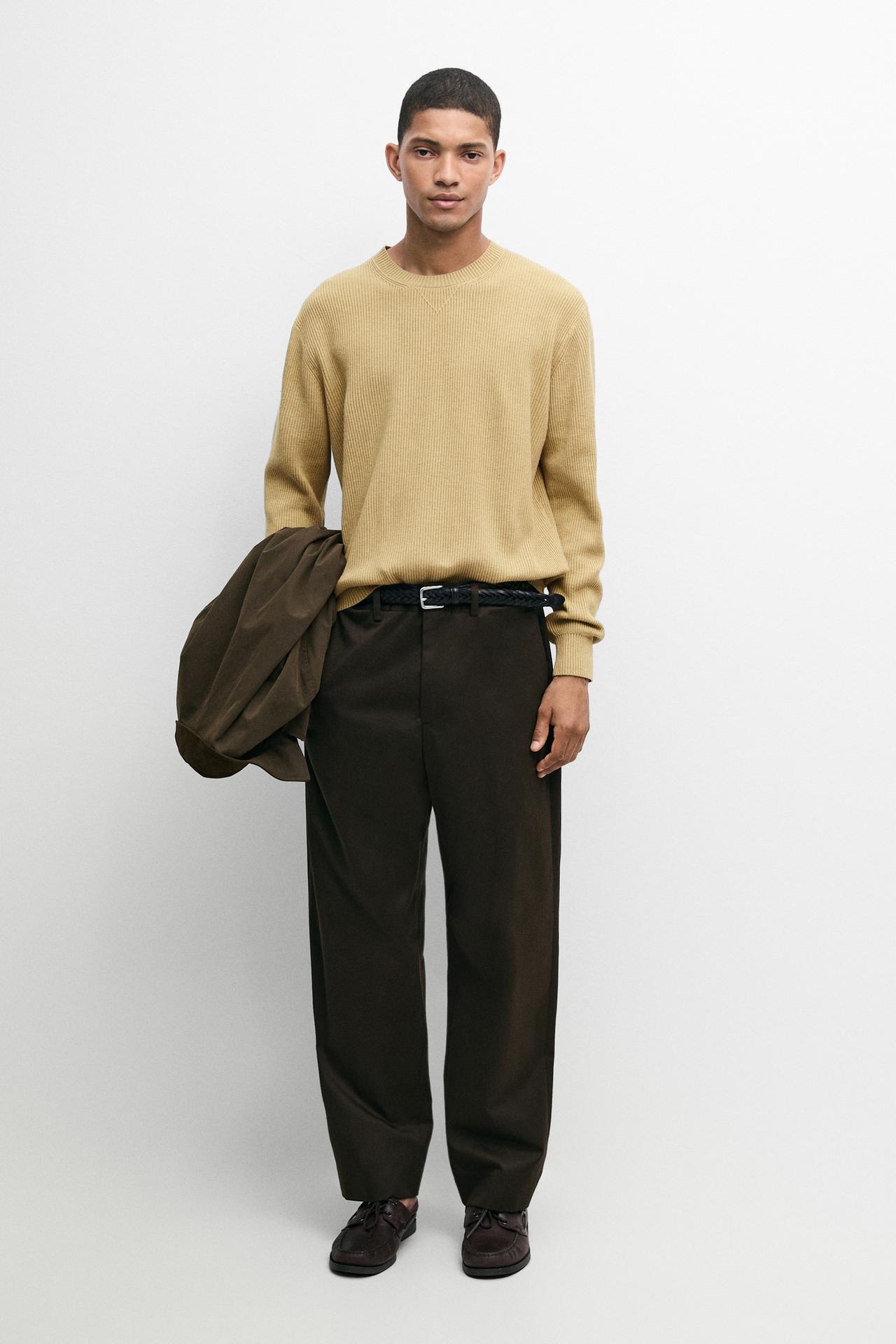 Cotton blend ribbed knit sweater — CREAM