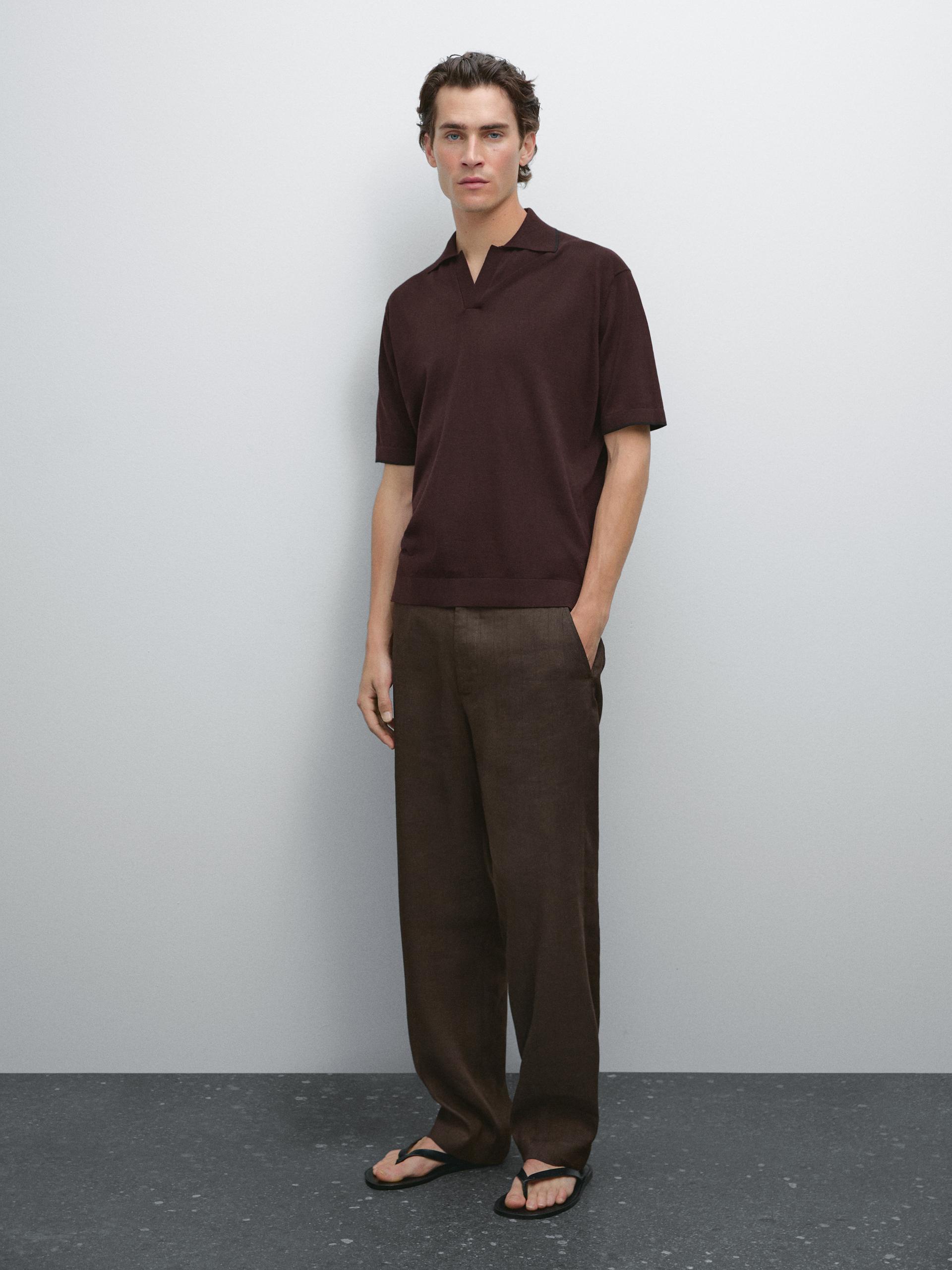 Polo In Maglia Con Dettaglio A Contrasto - Bordeaux - Xl - Massimo Dutti - Maschile