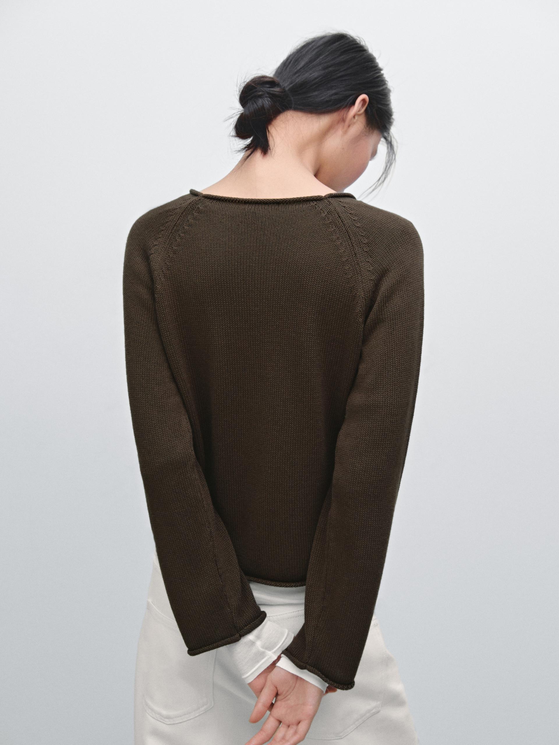 Camisola De Malha Perolada Rendilhada - Castanho - L - Massimo Dutti - Mulher