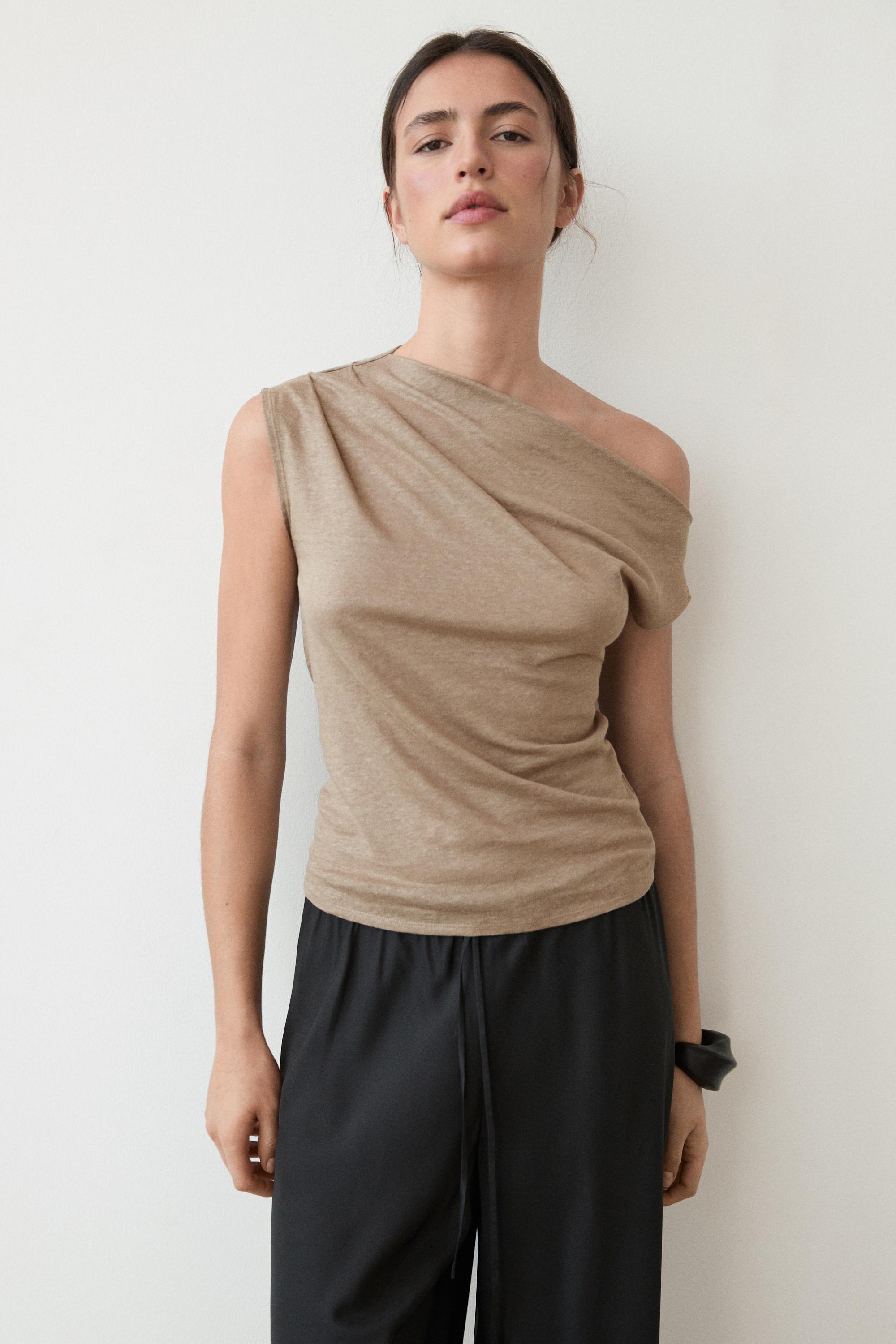 Asymmetric linen blend top with draped detail — Washed