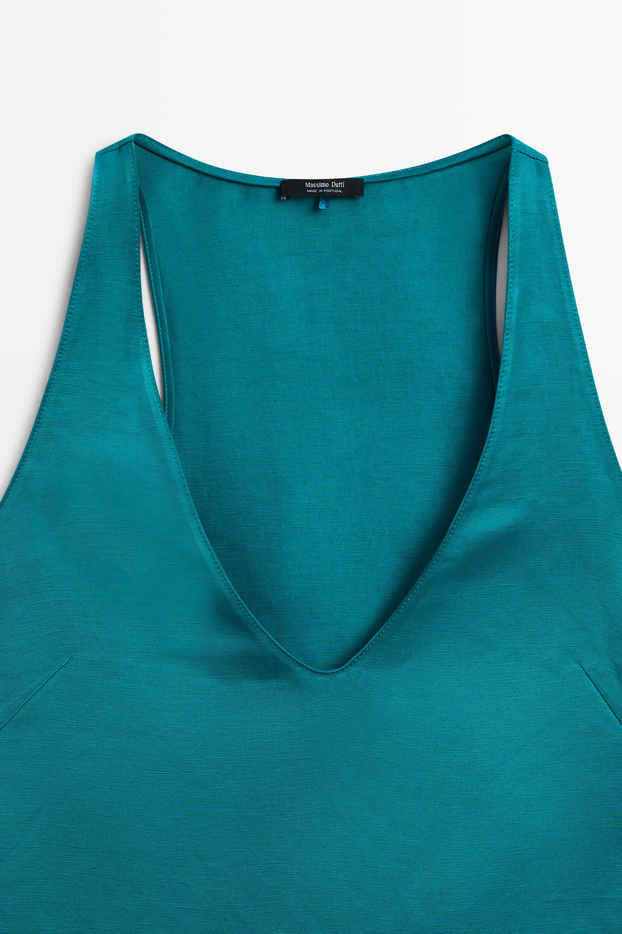 Satin linen blend V-neck top — TURQUOISE