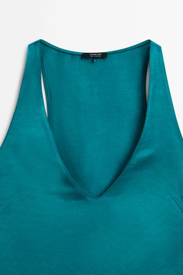 Satin linen blend V-neck top — TURQUOISE 9