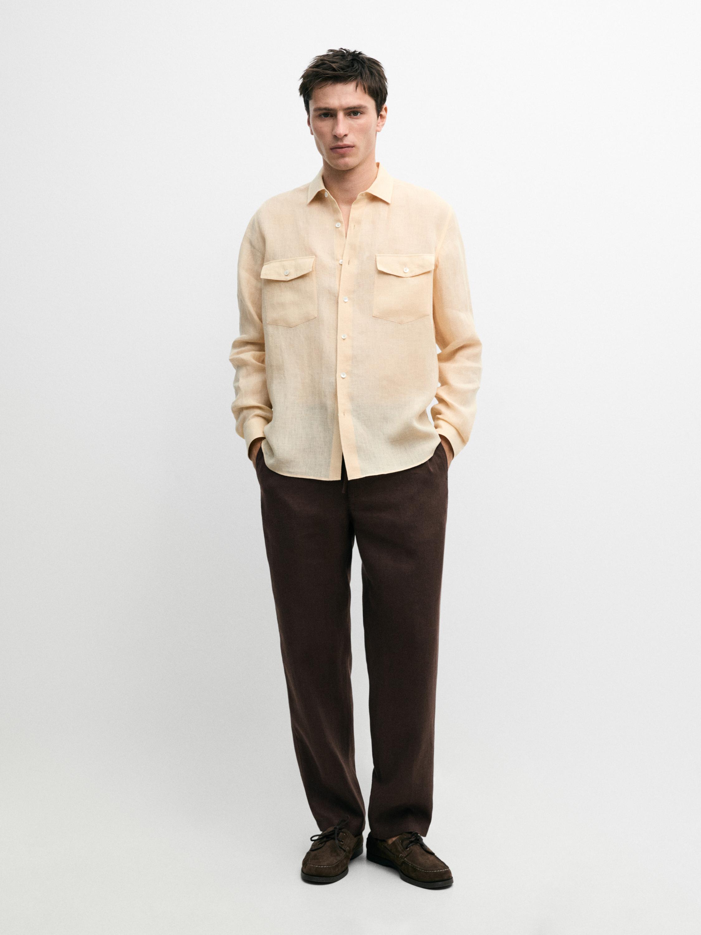 Regular fit 100% linen shirt with pockets — YELLOW