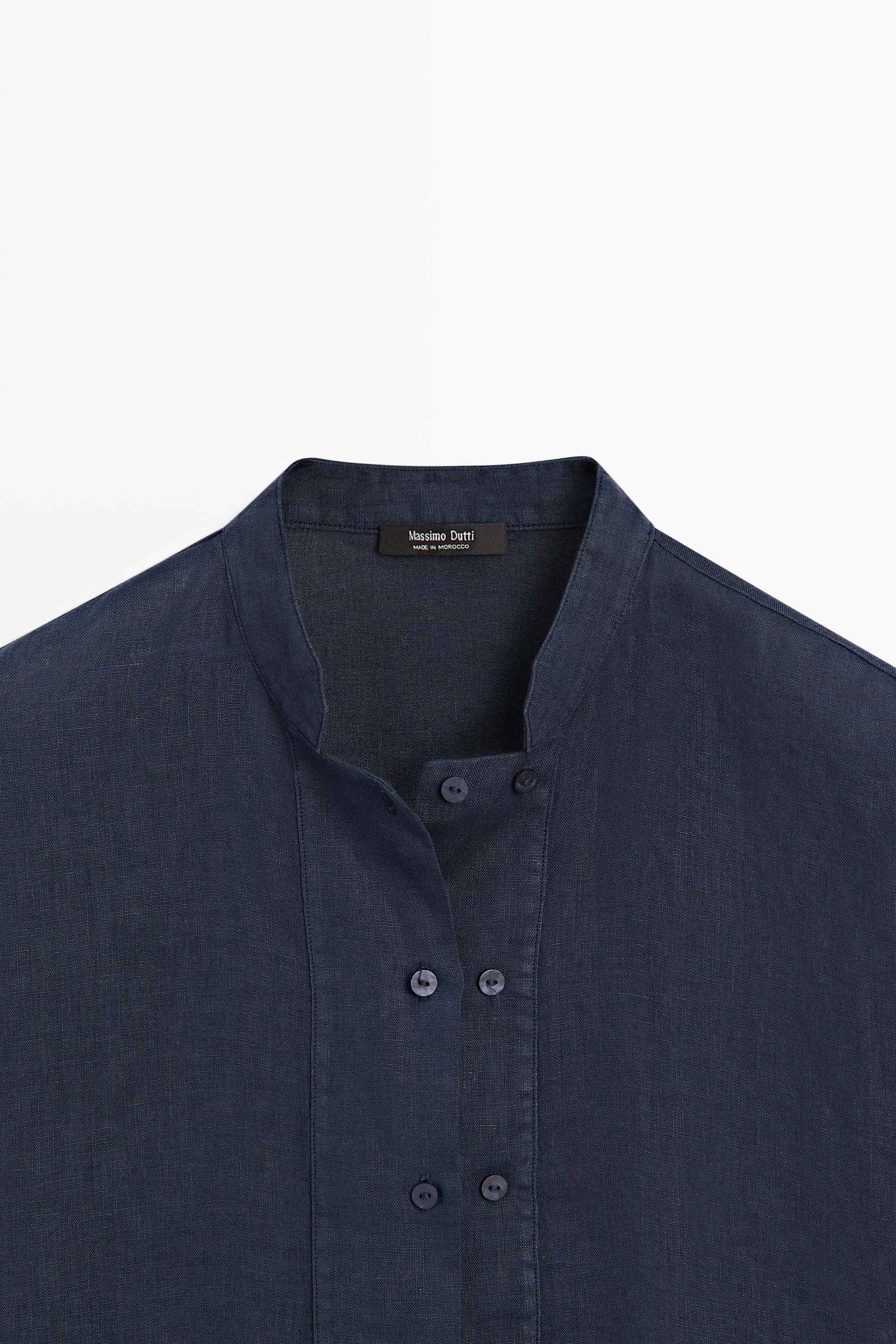 Flowing 100% linen shirt with button detail — DARK NAVY