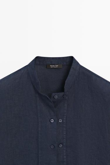 Flowing 100% linen shirt with button detail — DARK NAVY 9
