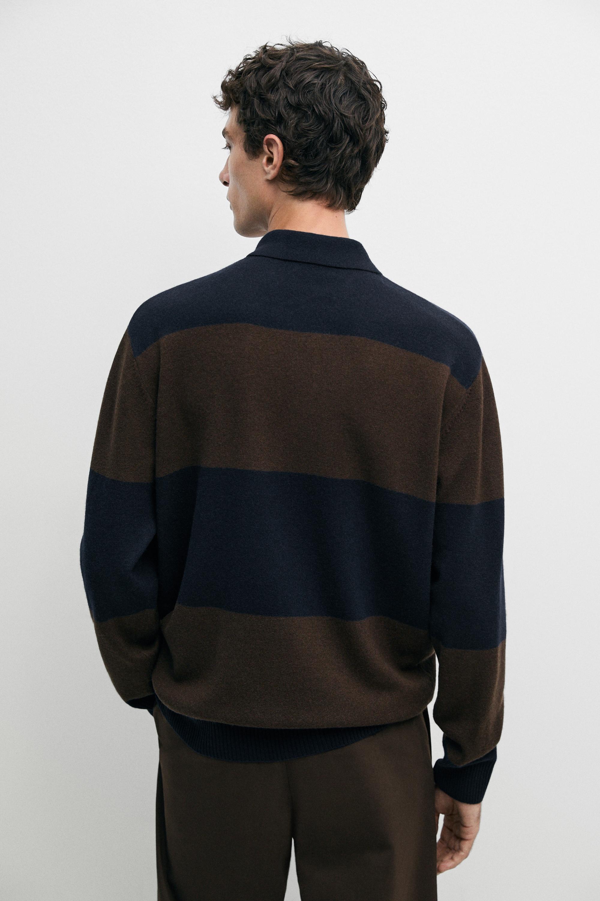 Wool-blend striped polo sweater — DEEP BLUE
