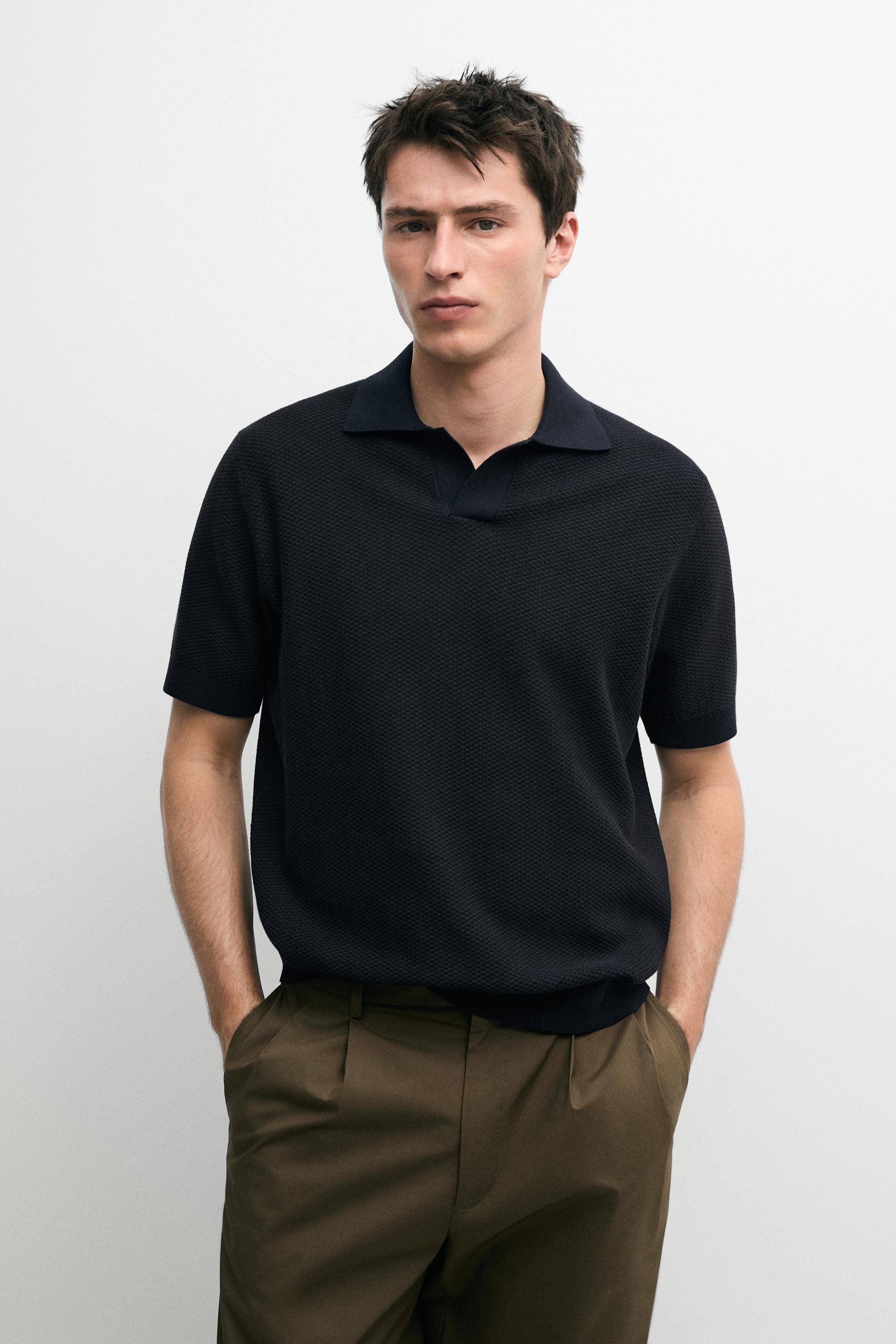 100% cotton textured knit polo sweater — NAVY BLUE