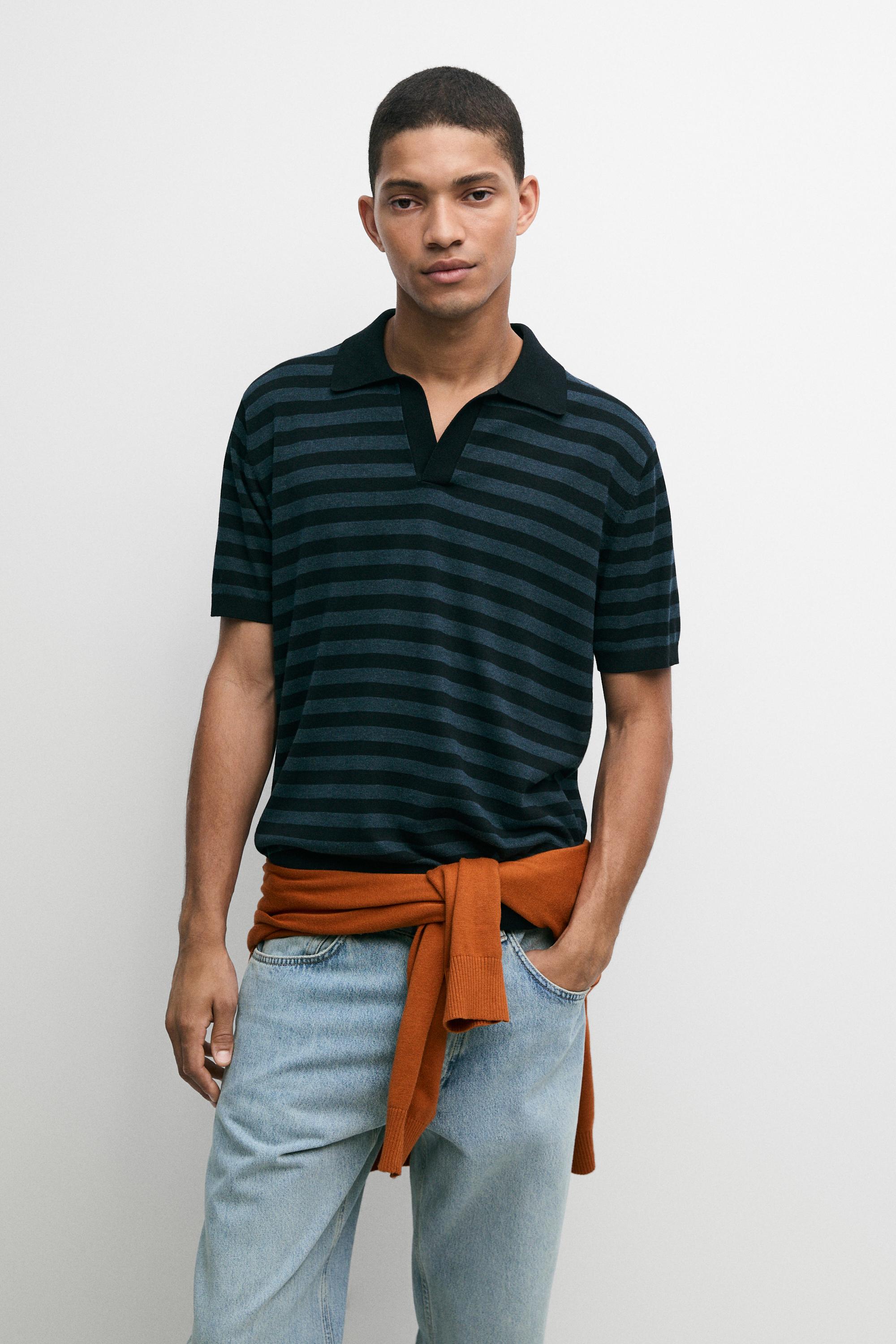 Contrast striped knit polo sweater — INDIGO