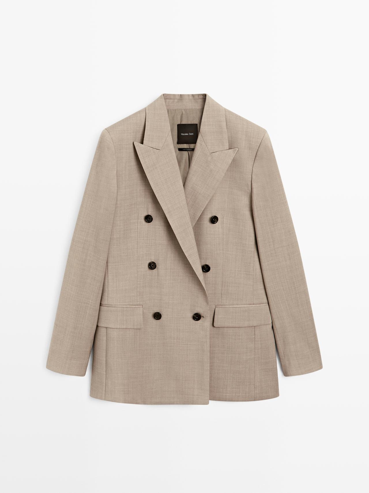 Massimo Dutti - Dames - Double-Breasted 100% Wollen Blazer - Beige - 34