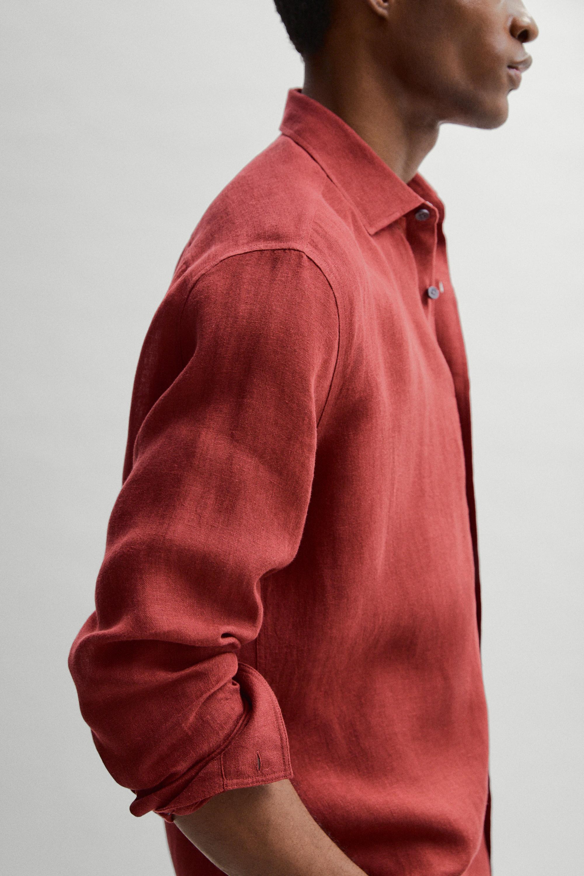 Textured 100% linen regular fit shirt — RED