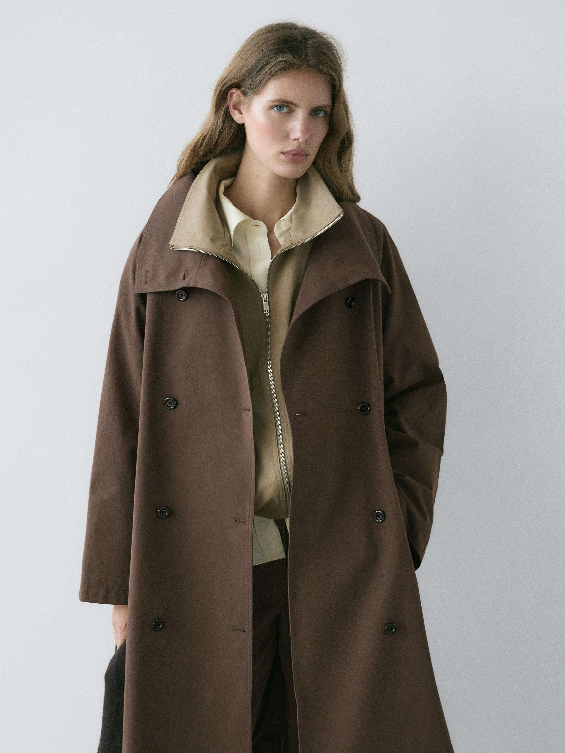 High collar trench coat — BROWN