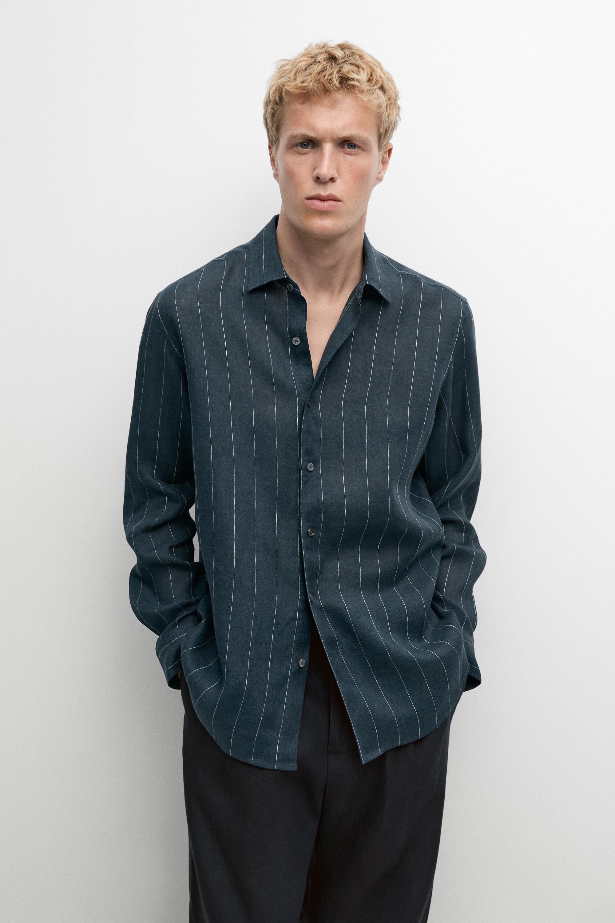 Regular fit striped 100% linen shirt — PETROL BLUE