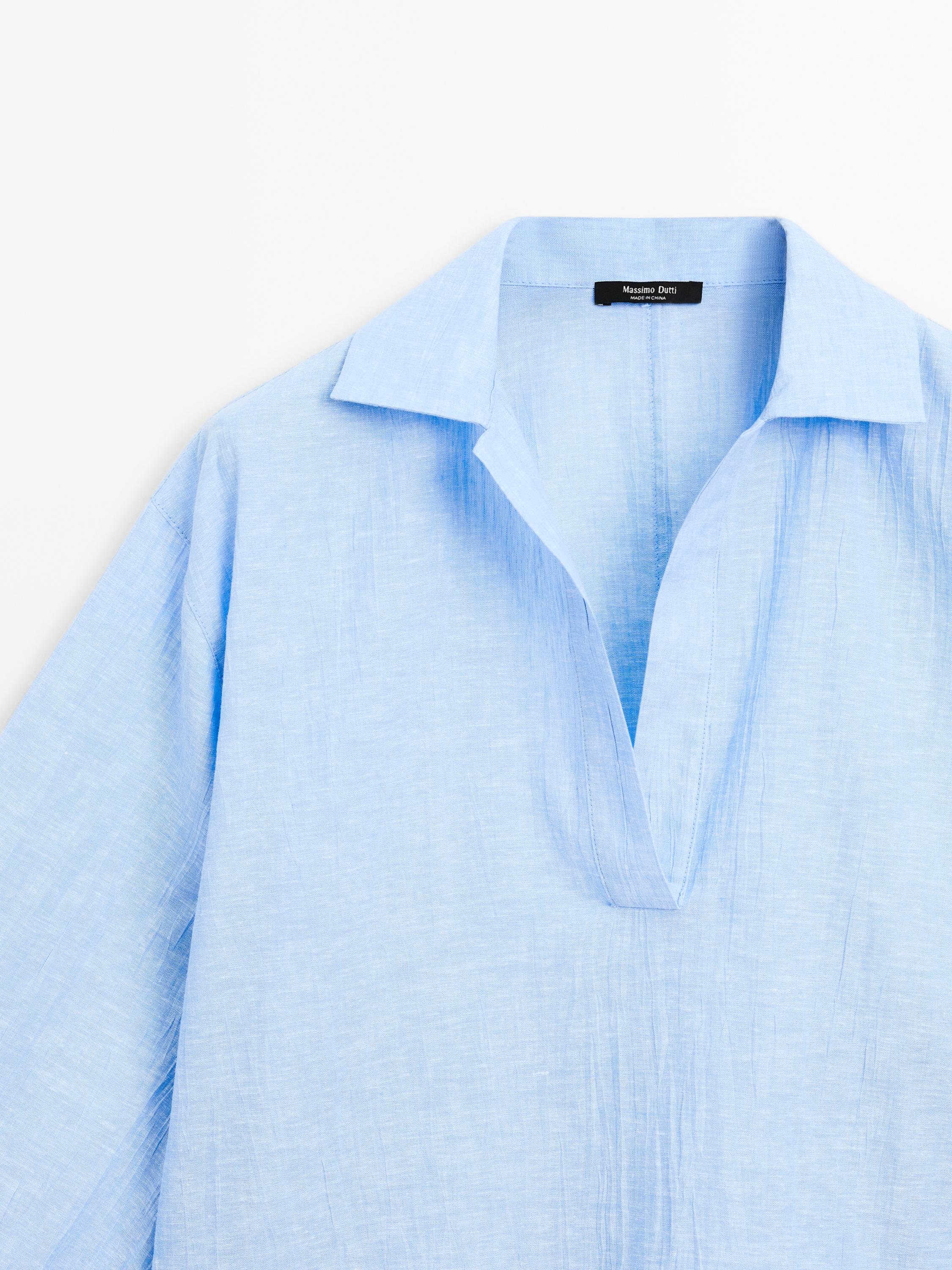 Linen blend blouse with polo collar