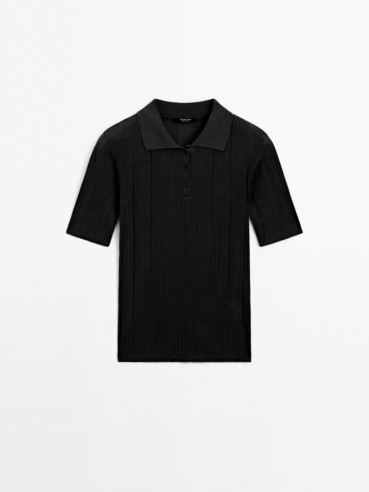 Massimo Dutti - Dames - 100% Katoenen Polo Met Geribd Detail - Zwart - M