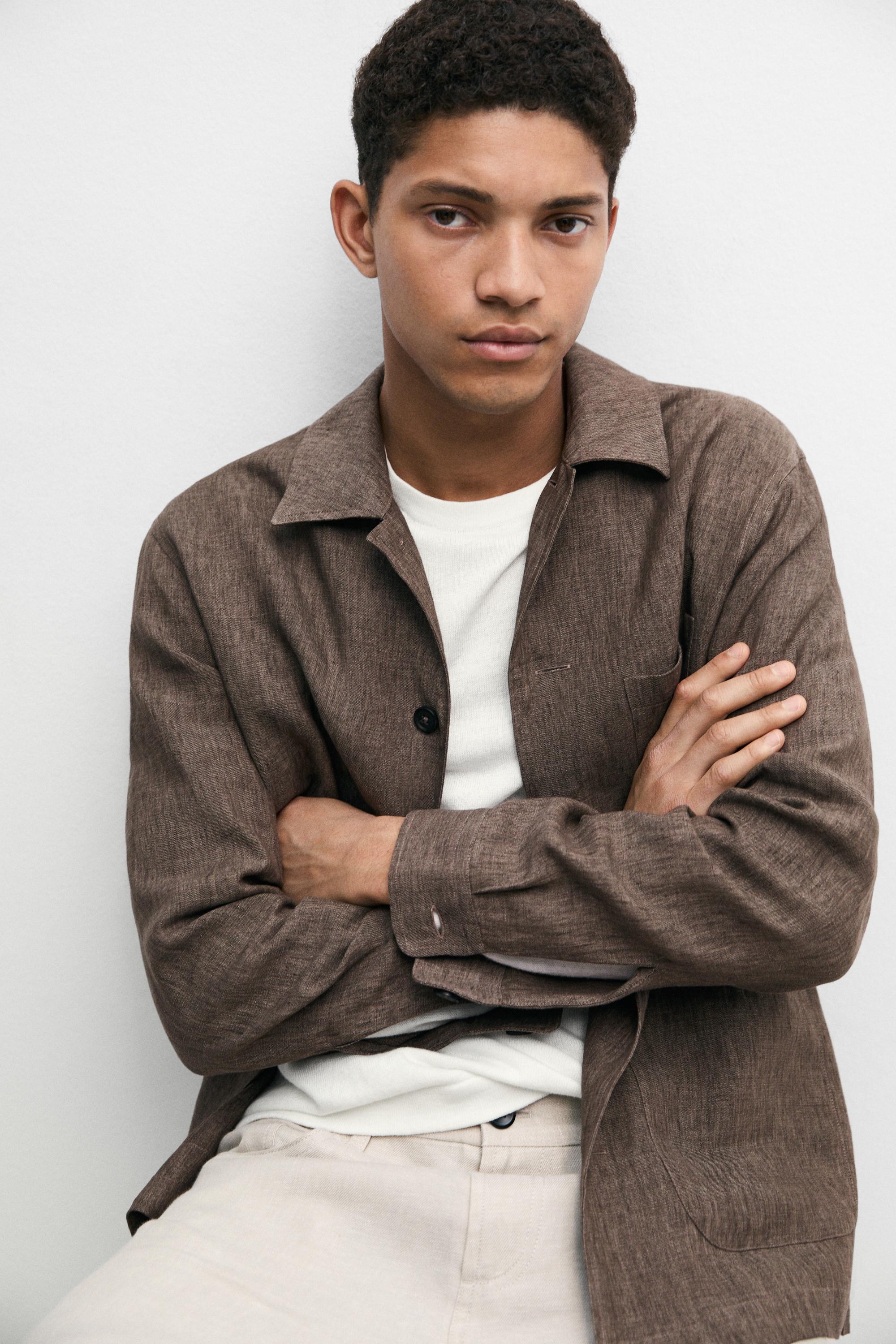 Faded linen overshirt with pocket details — BROWN