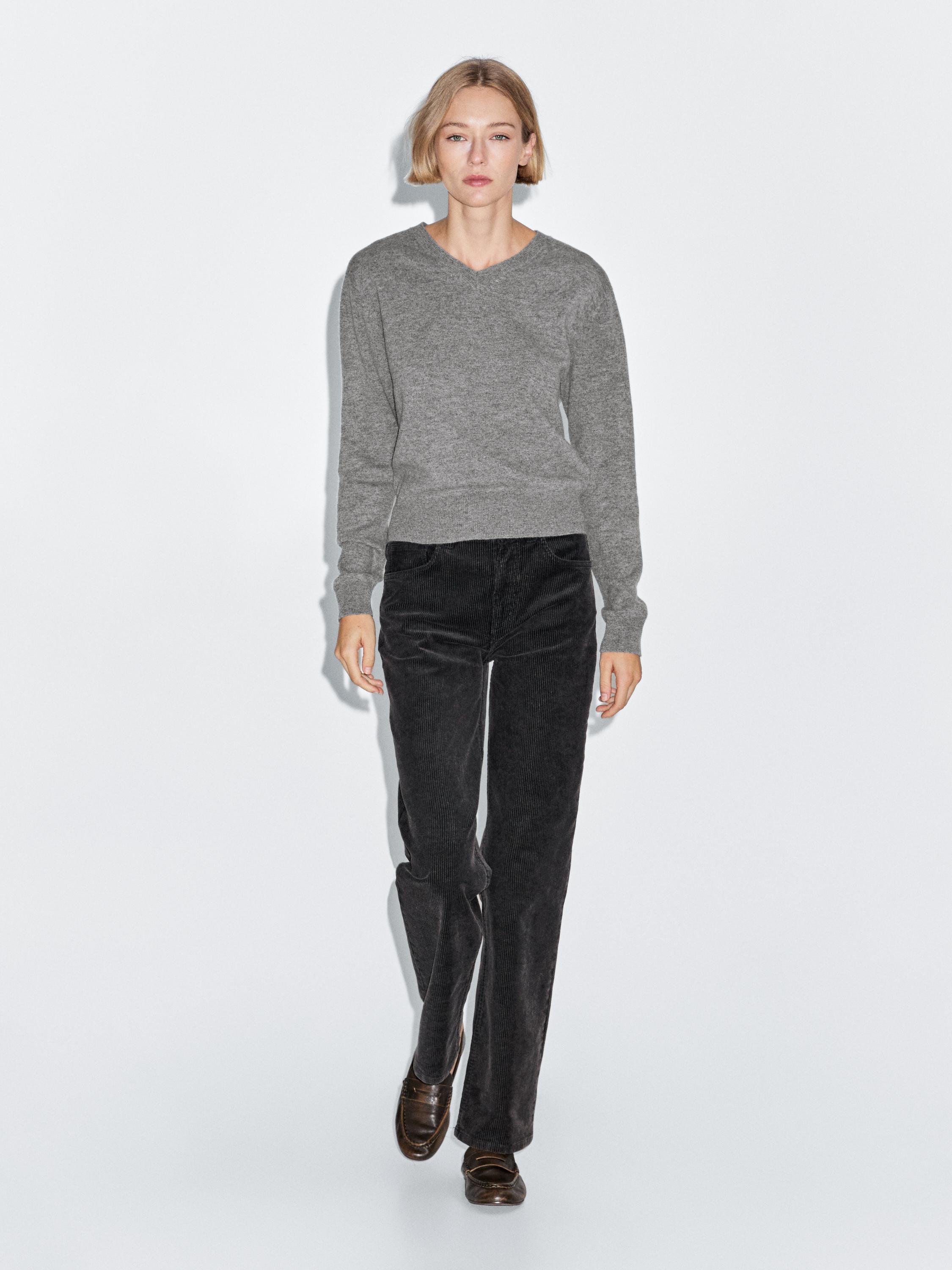 Wool blend knit V-neck sweater — GREY MARL