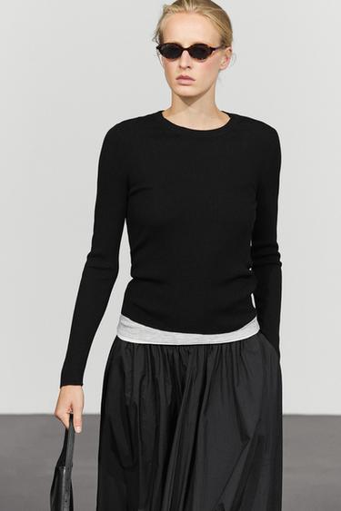 Ribbed knit sweater with round neck — BLACK 3