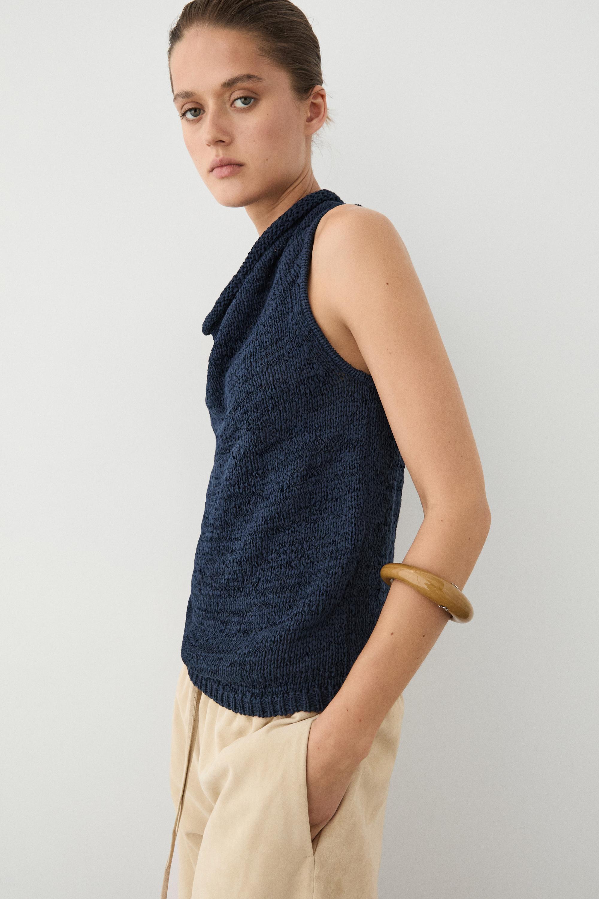Knit top with draped neckline — Dark Blue