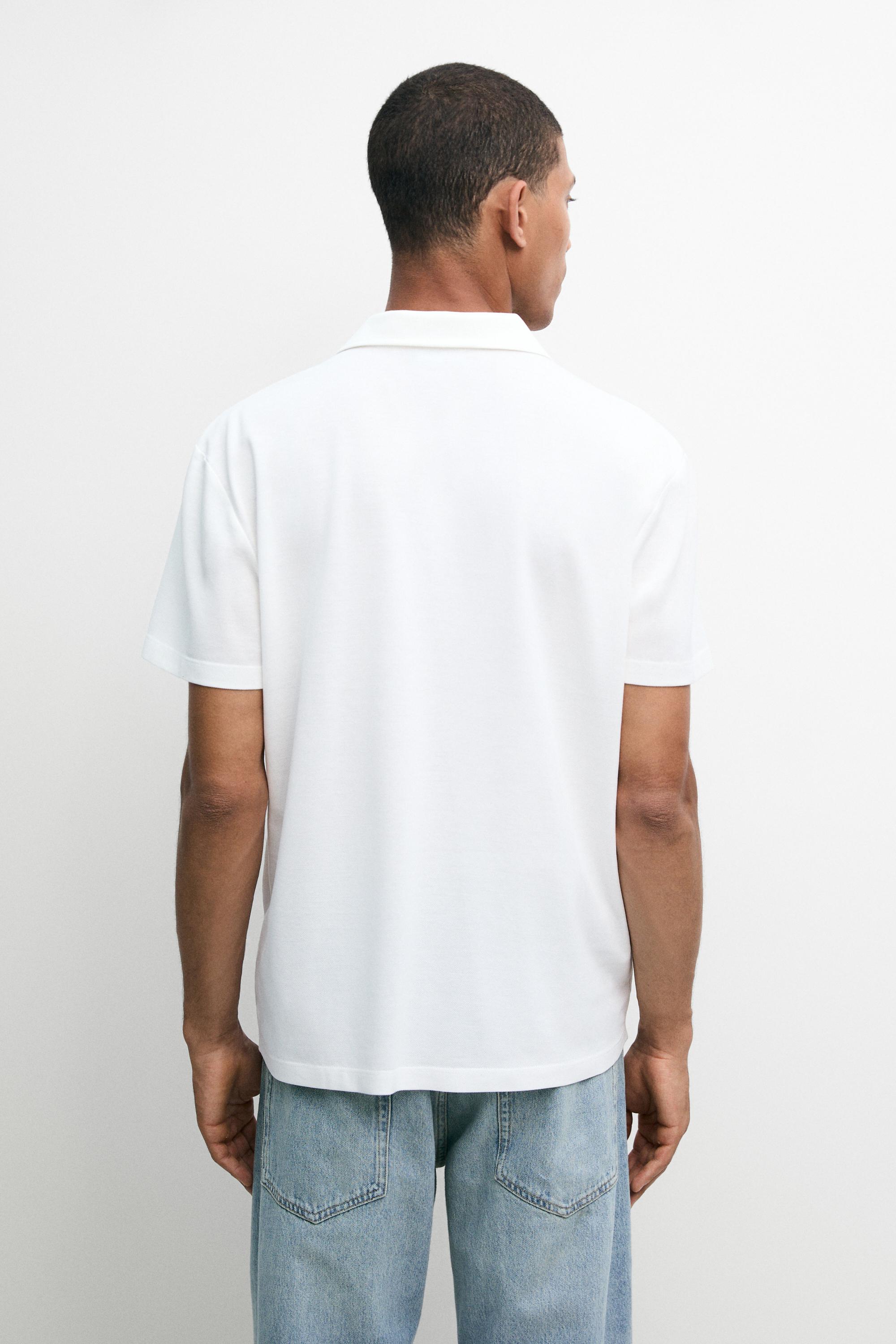 Micro-textured V-neck piqué polo shirt — WHITE