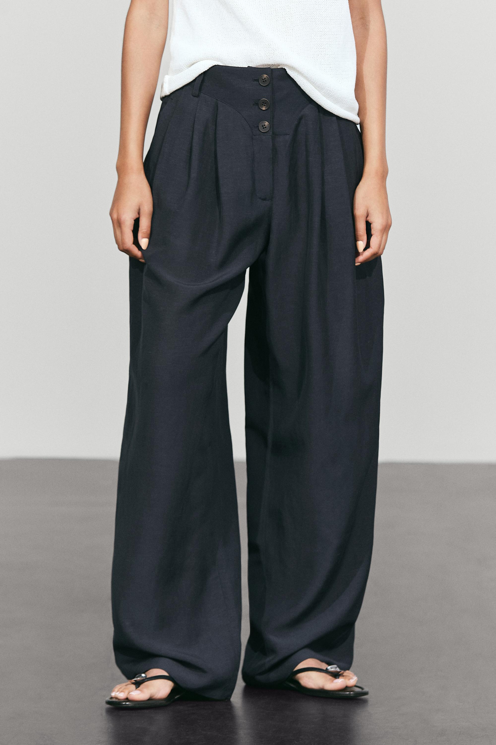 Linen-blend button-detail pants