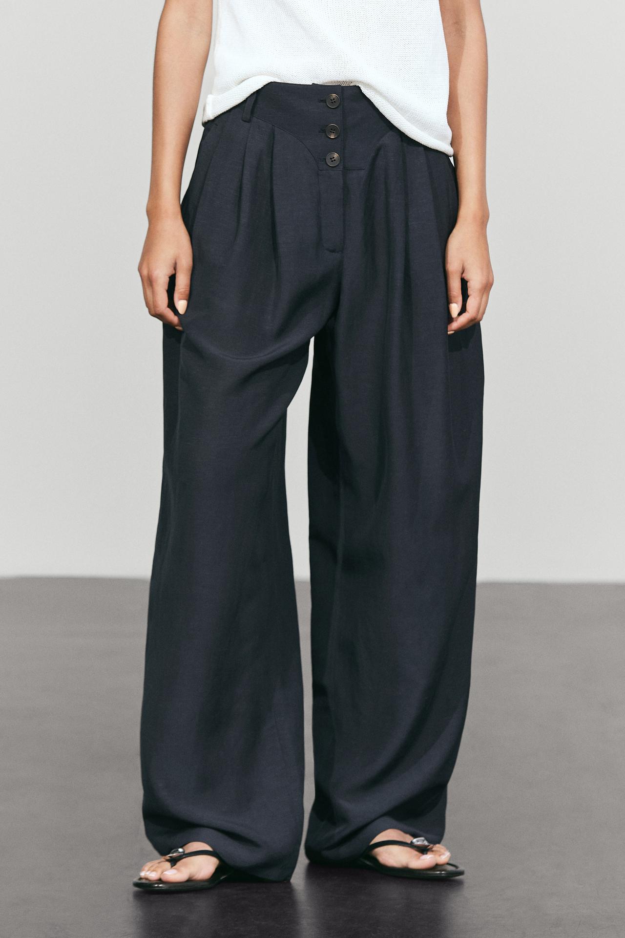Linen-blend button-detail pants — NAVY BLUE