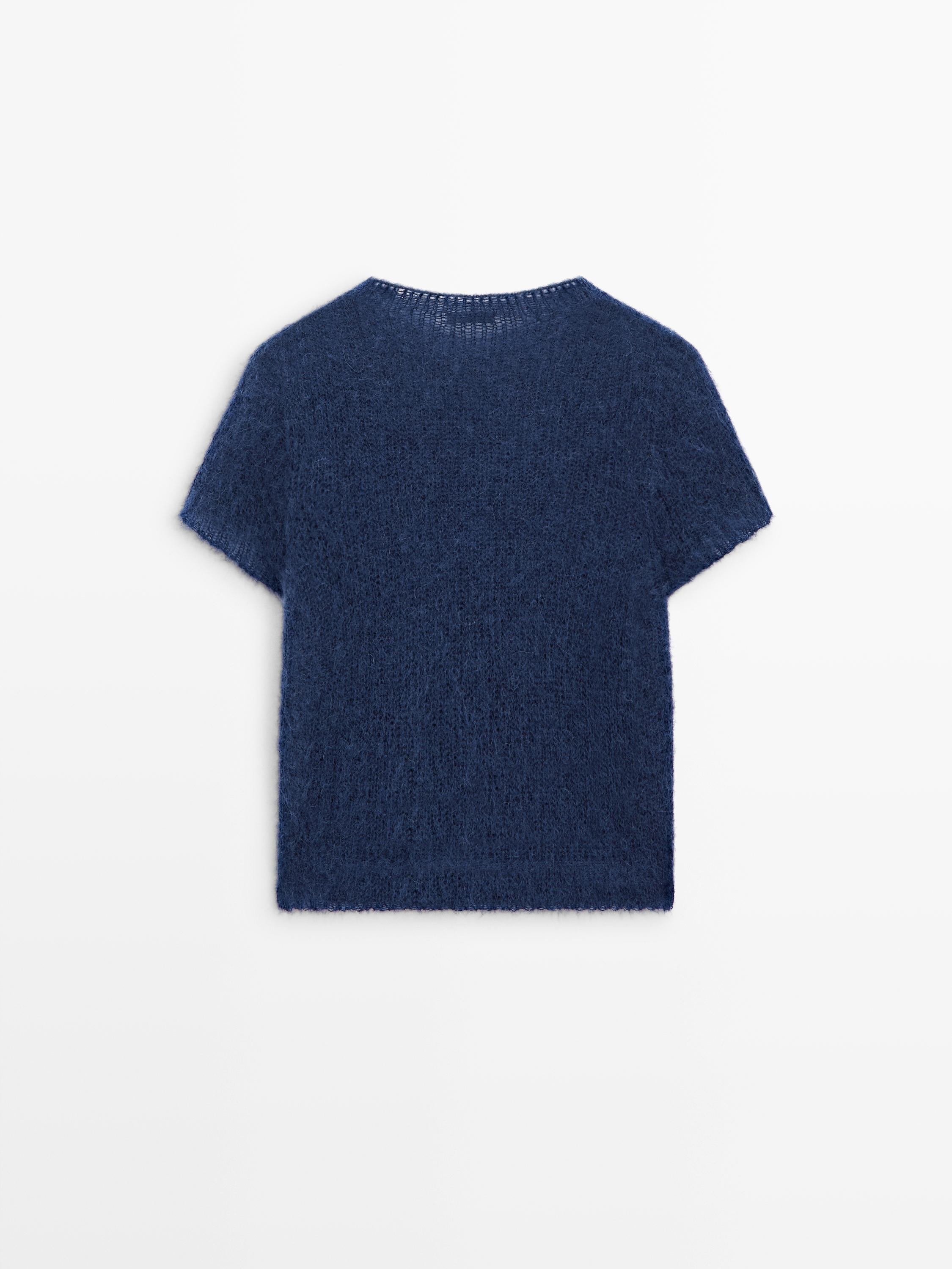 Short sleeve knit alpaca blend sweater — Dark Blue