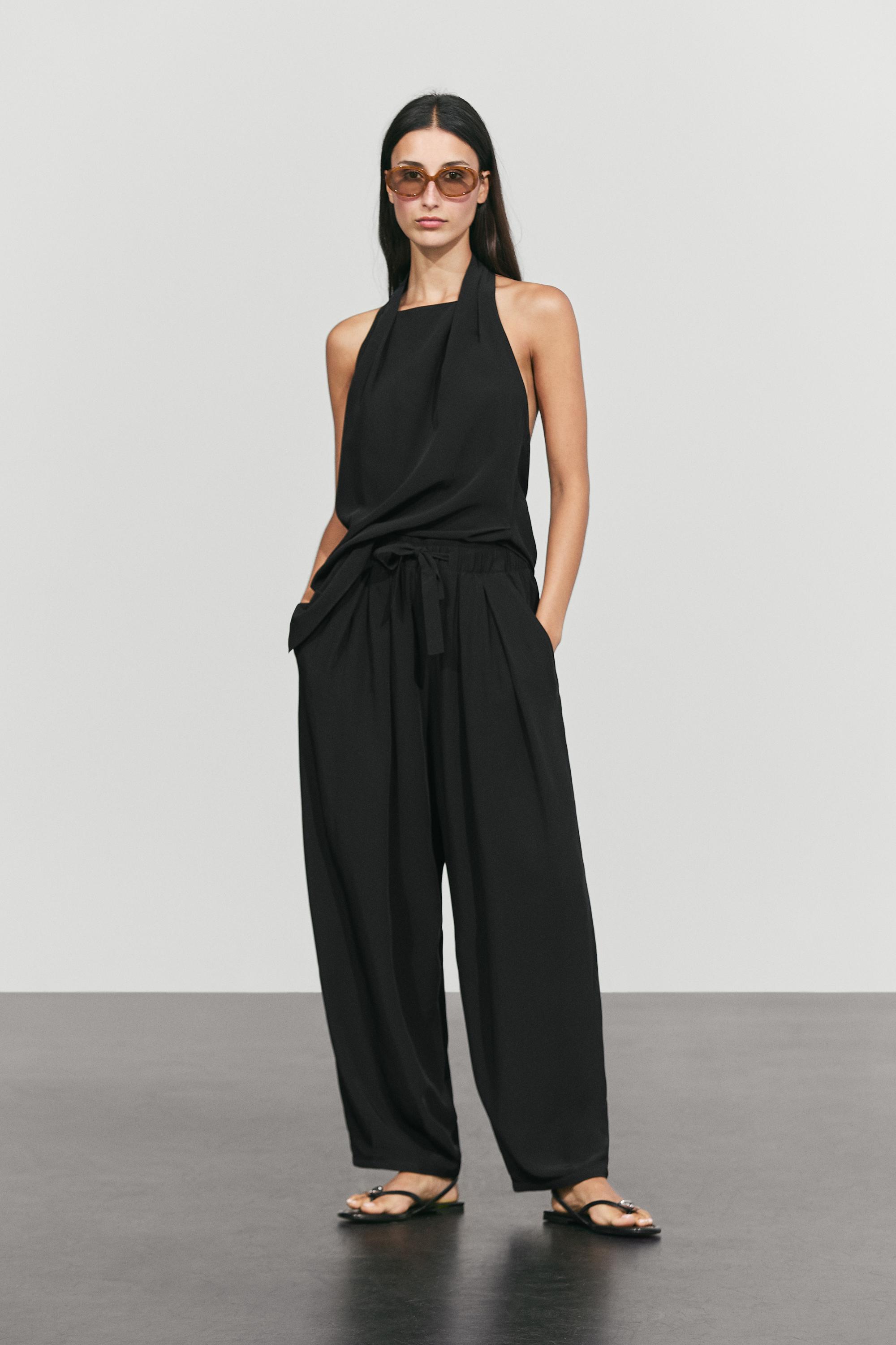 Flowing pants with tie-waist — BLACK