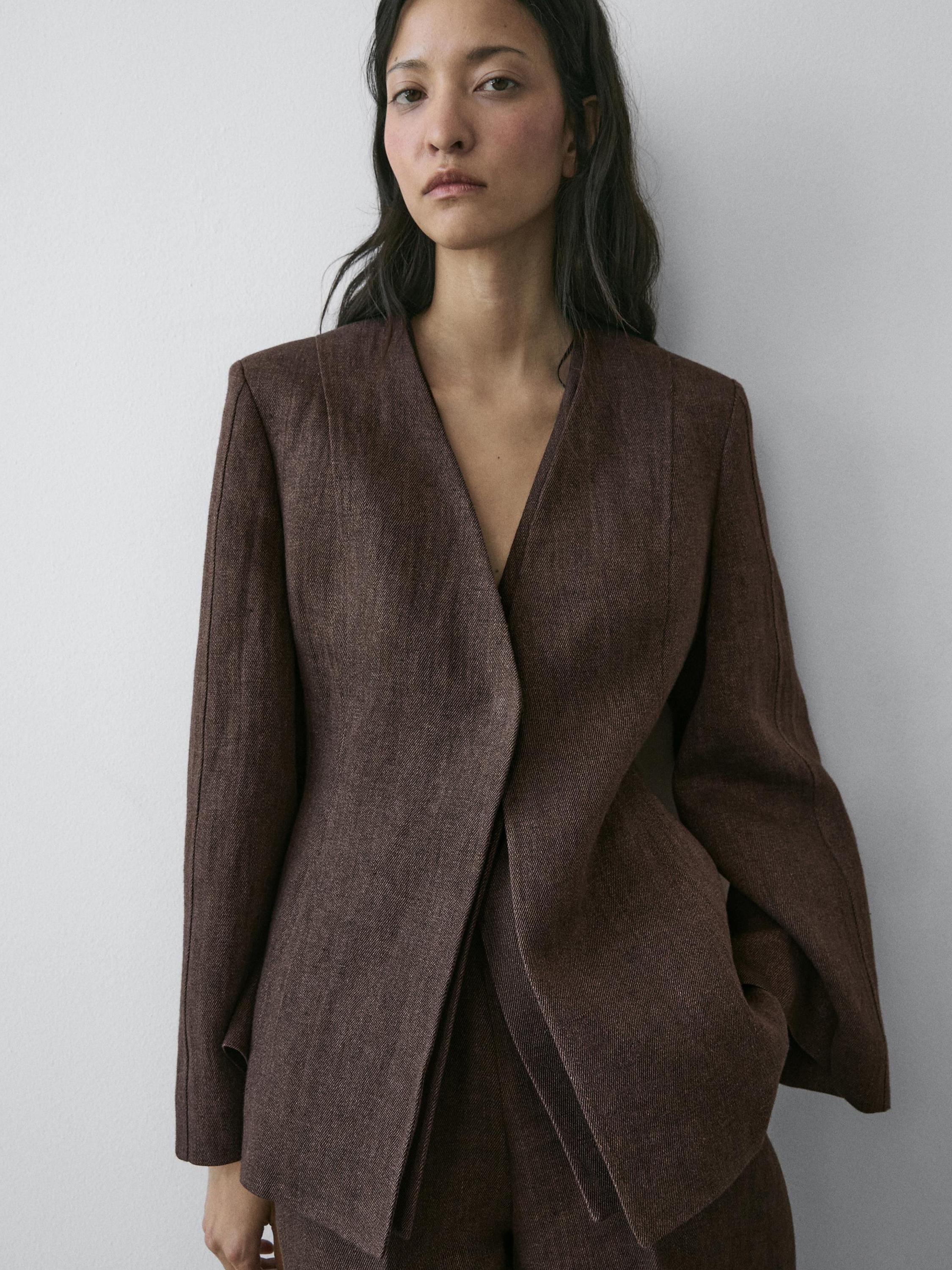 100% linen lapelless blazer — BROWN