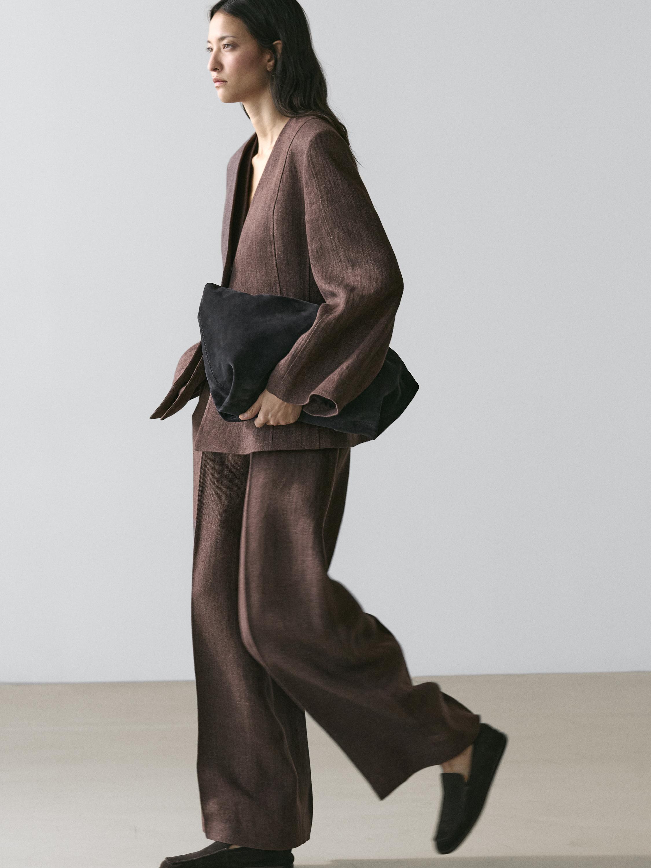 100% linen lapelless blazer — BROWN