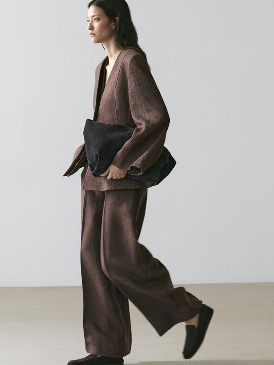 %100 keten yakasız blazer