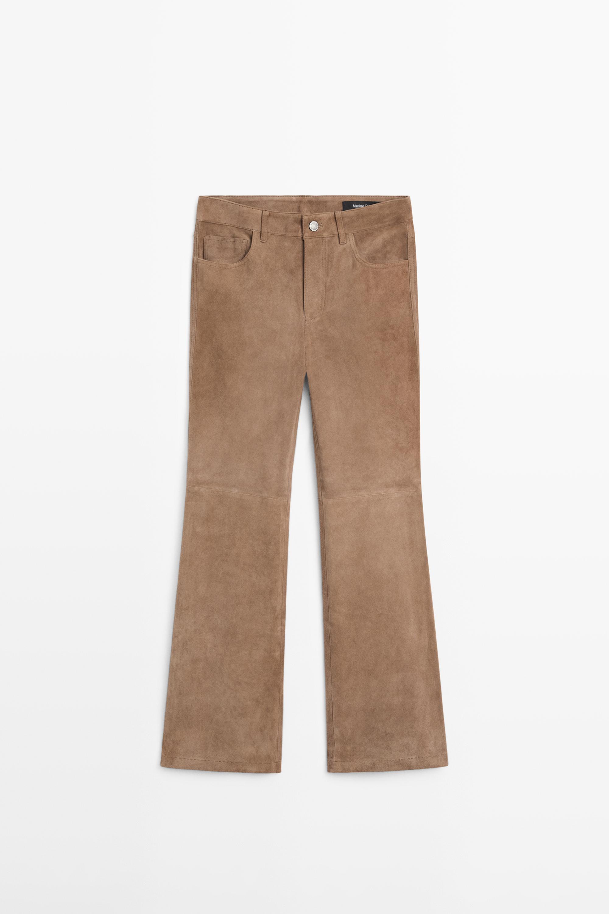 Cropped suede leather flare fit leggings — MOLE BROWN