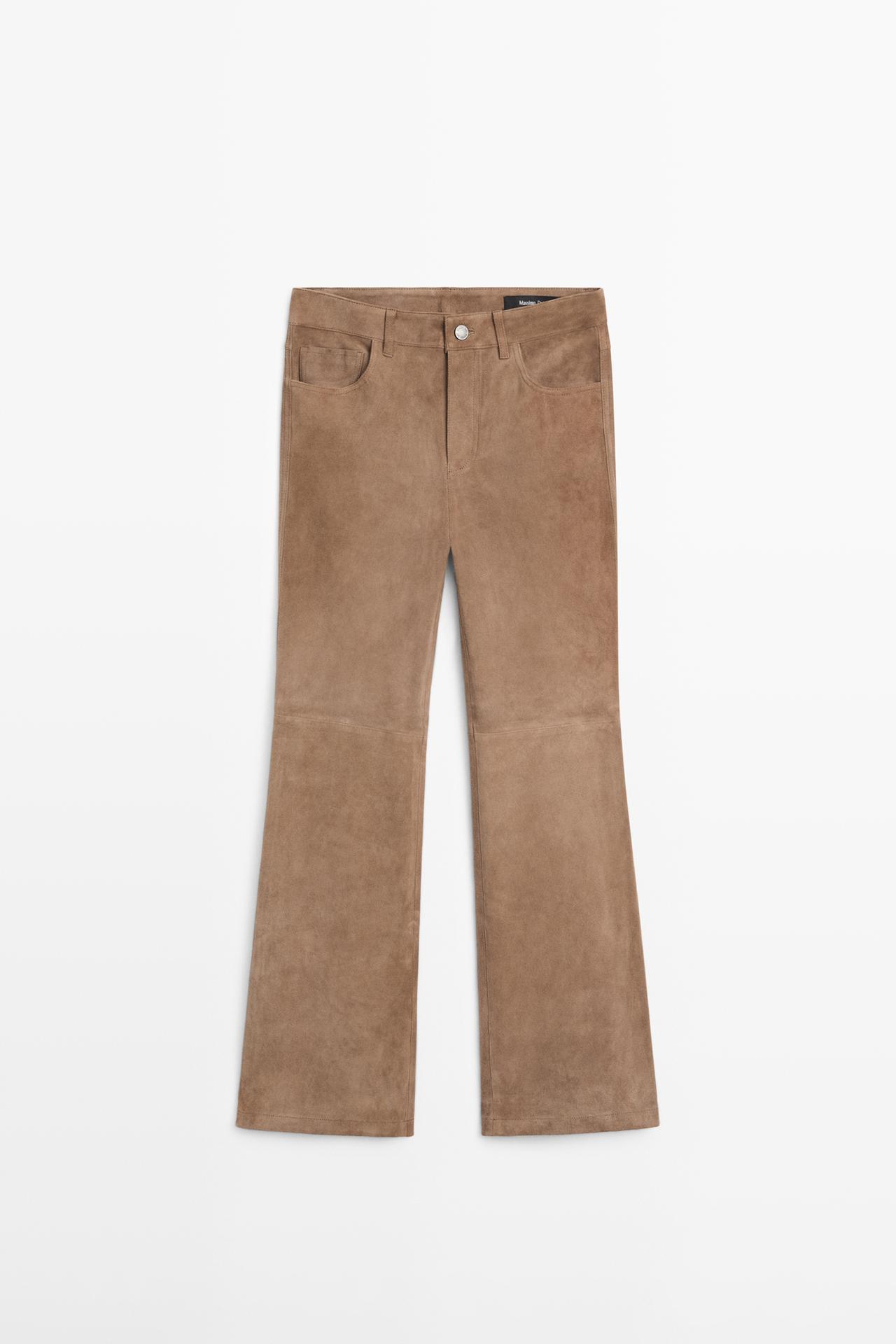 Cropped suede leather flare fit leggings — MOLE BROWN