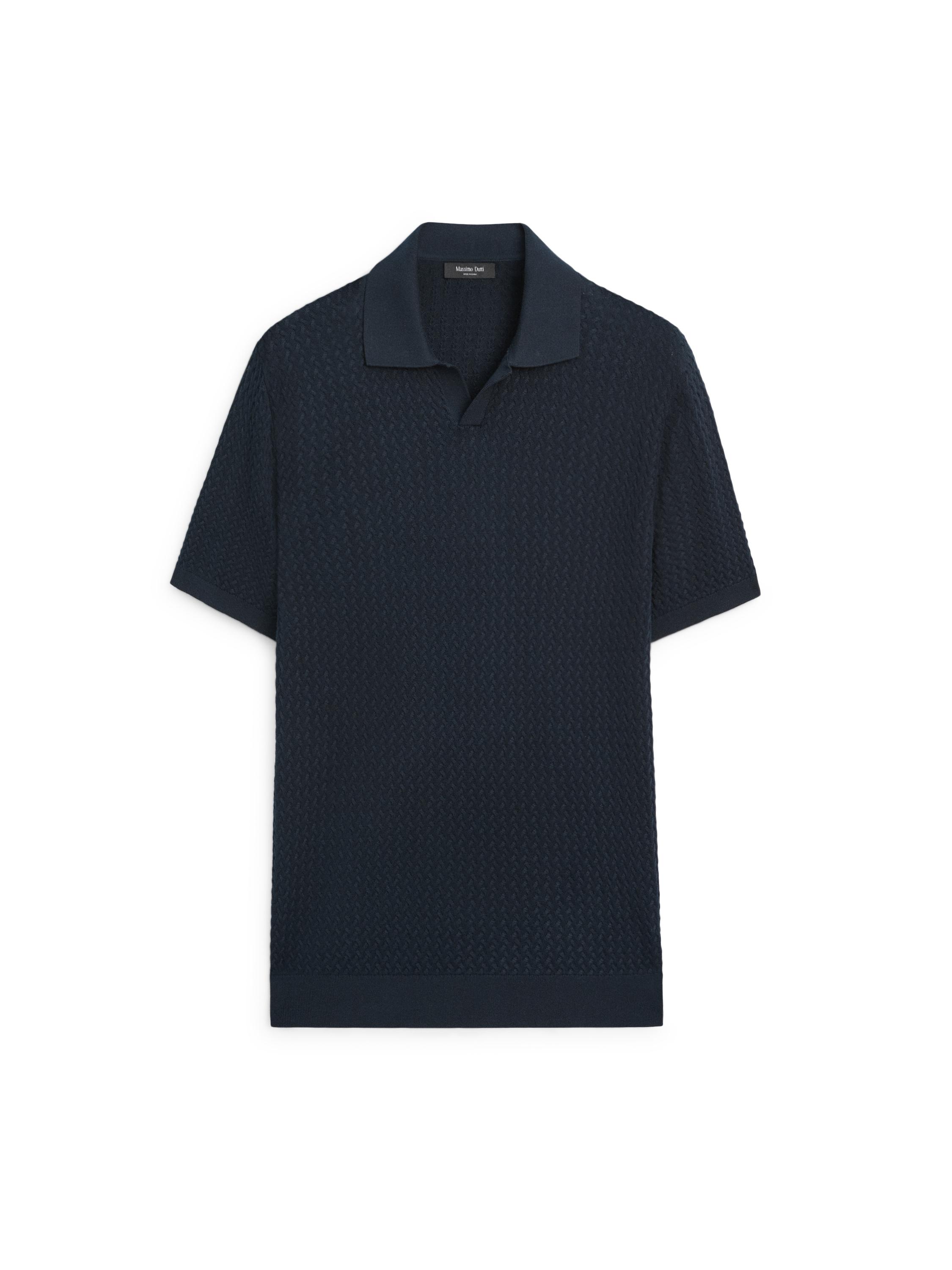 Cable-knit V-neck polo shirt — NAVY BLUE