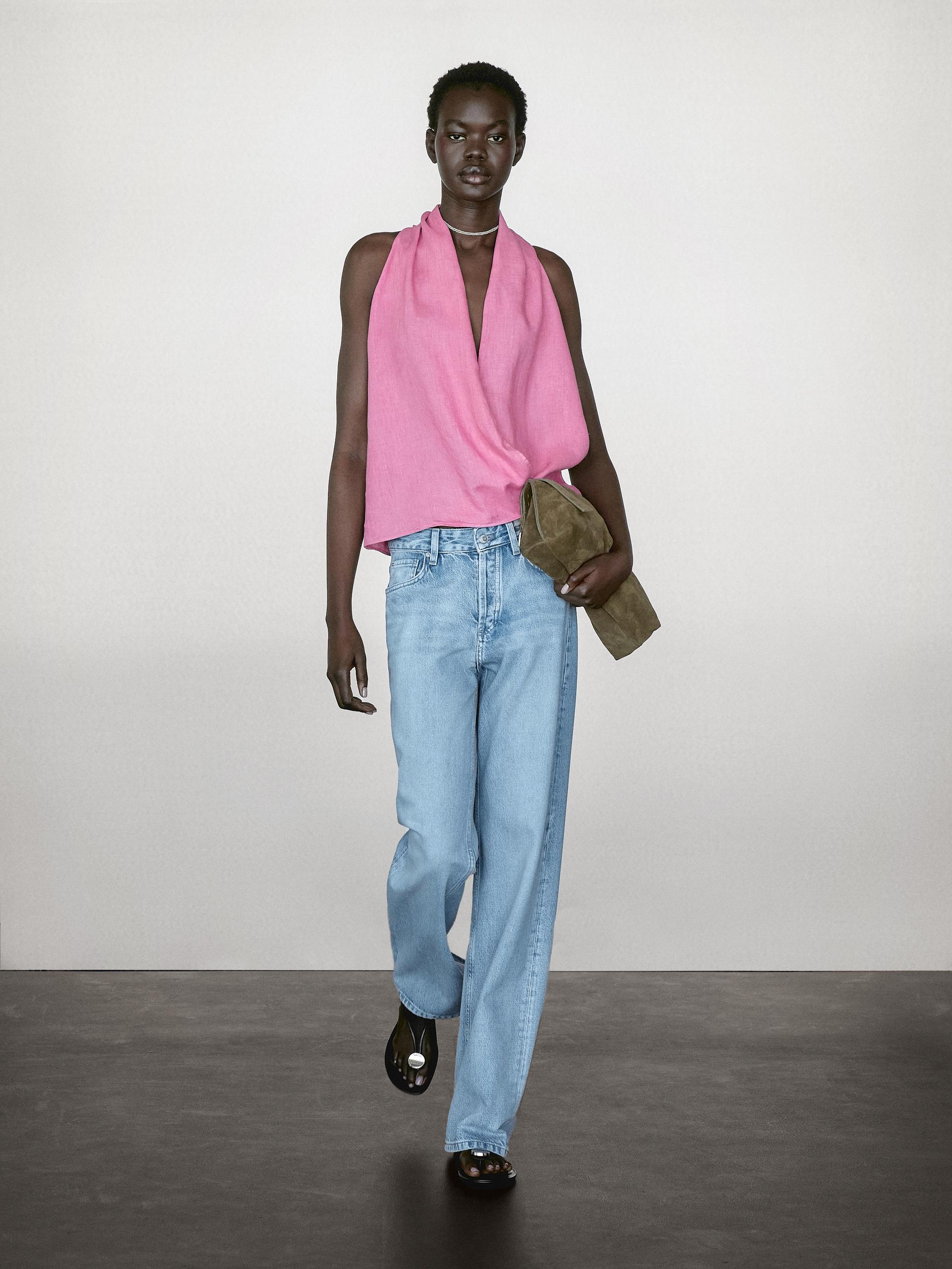 Top Lin Cache-Cœur À Encolure Américaine - Fuchsia - L - Massimo Dutti - Femme
