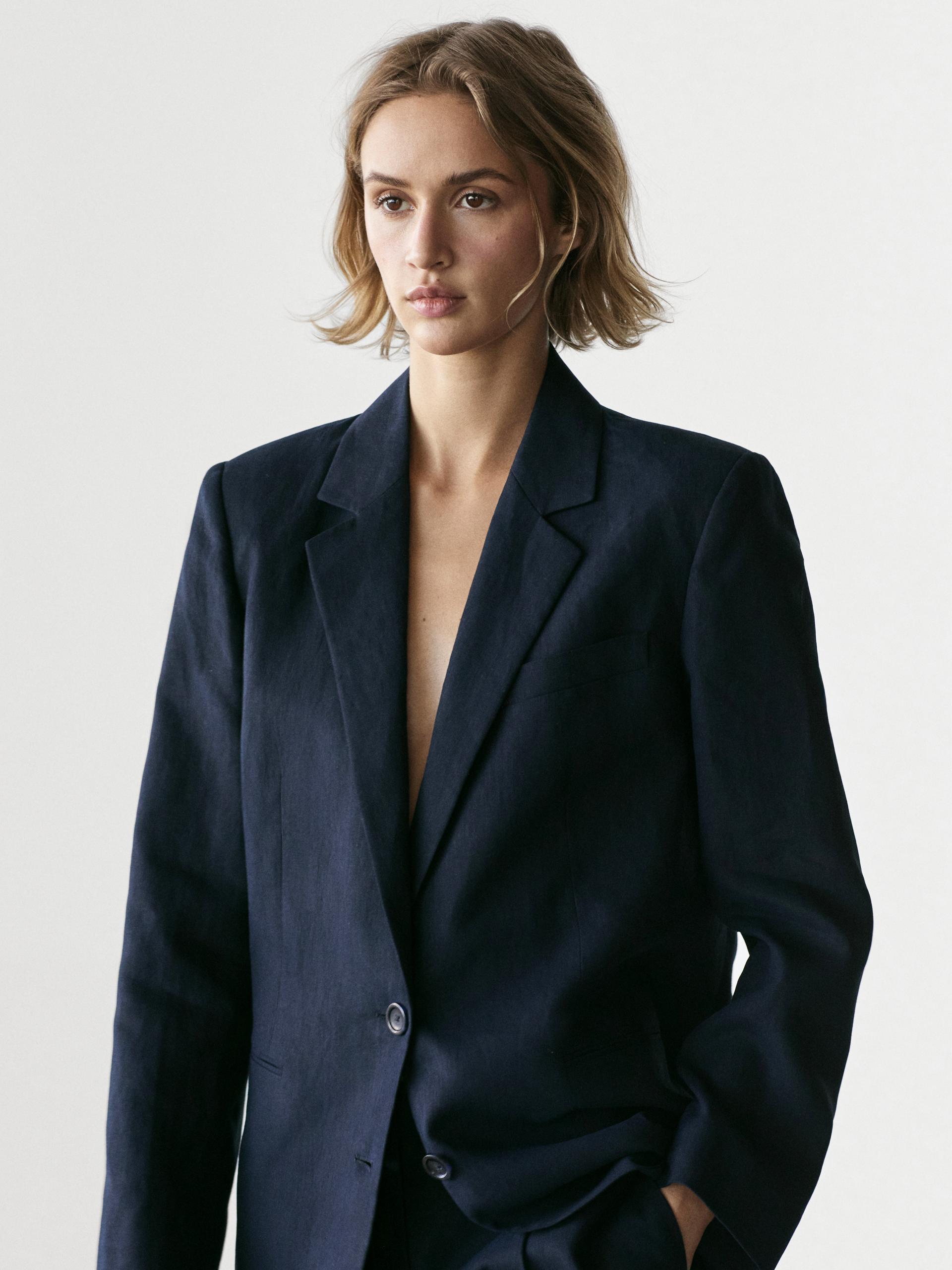 American Suit With Linen Button Detail - Blu Marino - 36 (It 40) - Massimo Dutti - Femminile