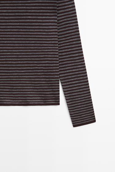Striped knit sweater with mock turtleneck — MOLE BROWN 7