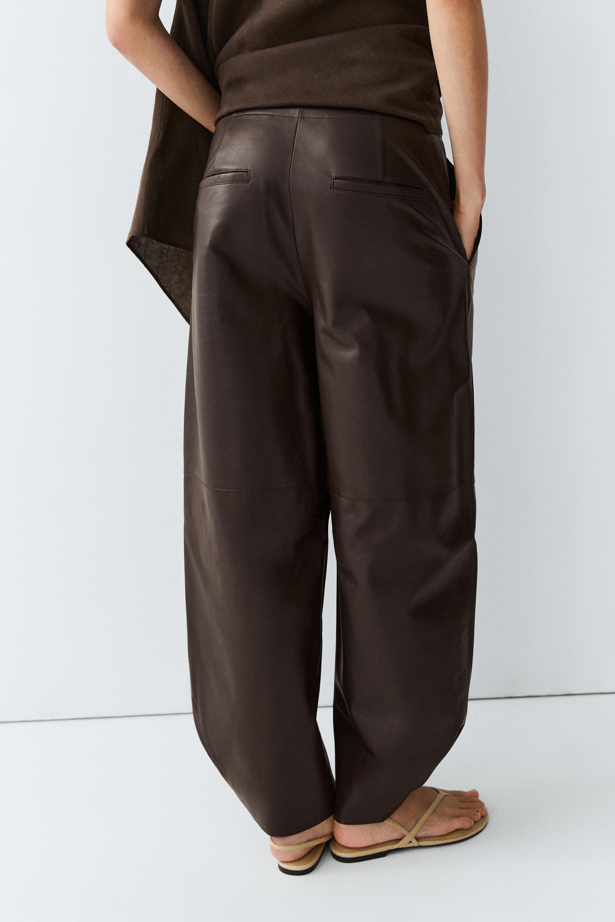 Leather barrel fit pants — BROWN