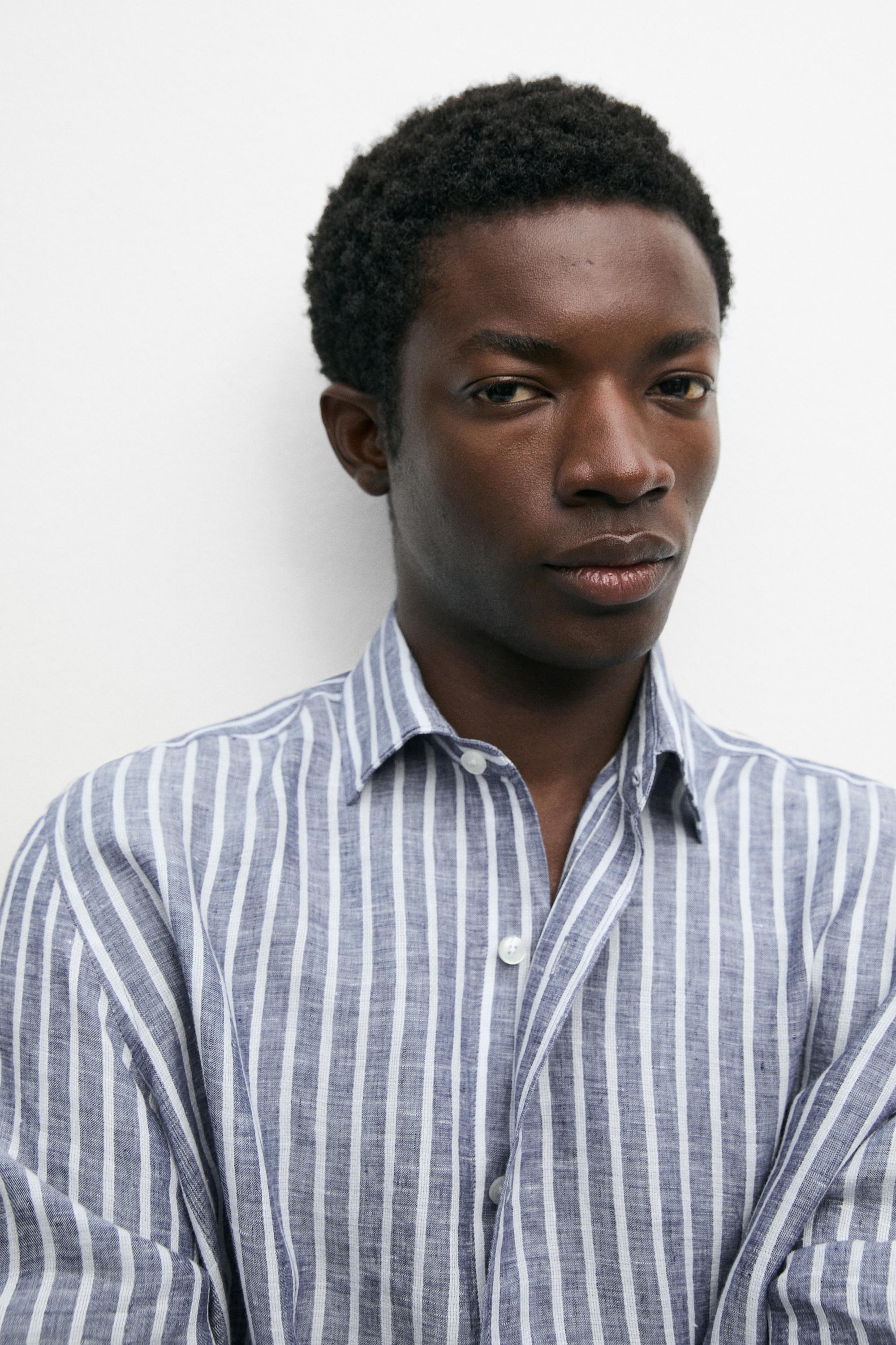 Regular fit striped 100% linen shirt — BLUE