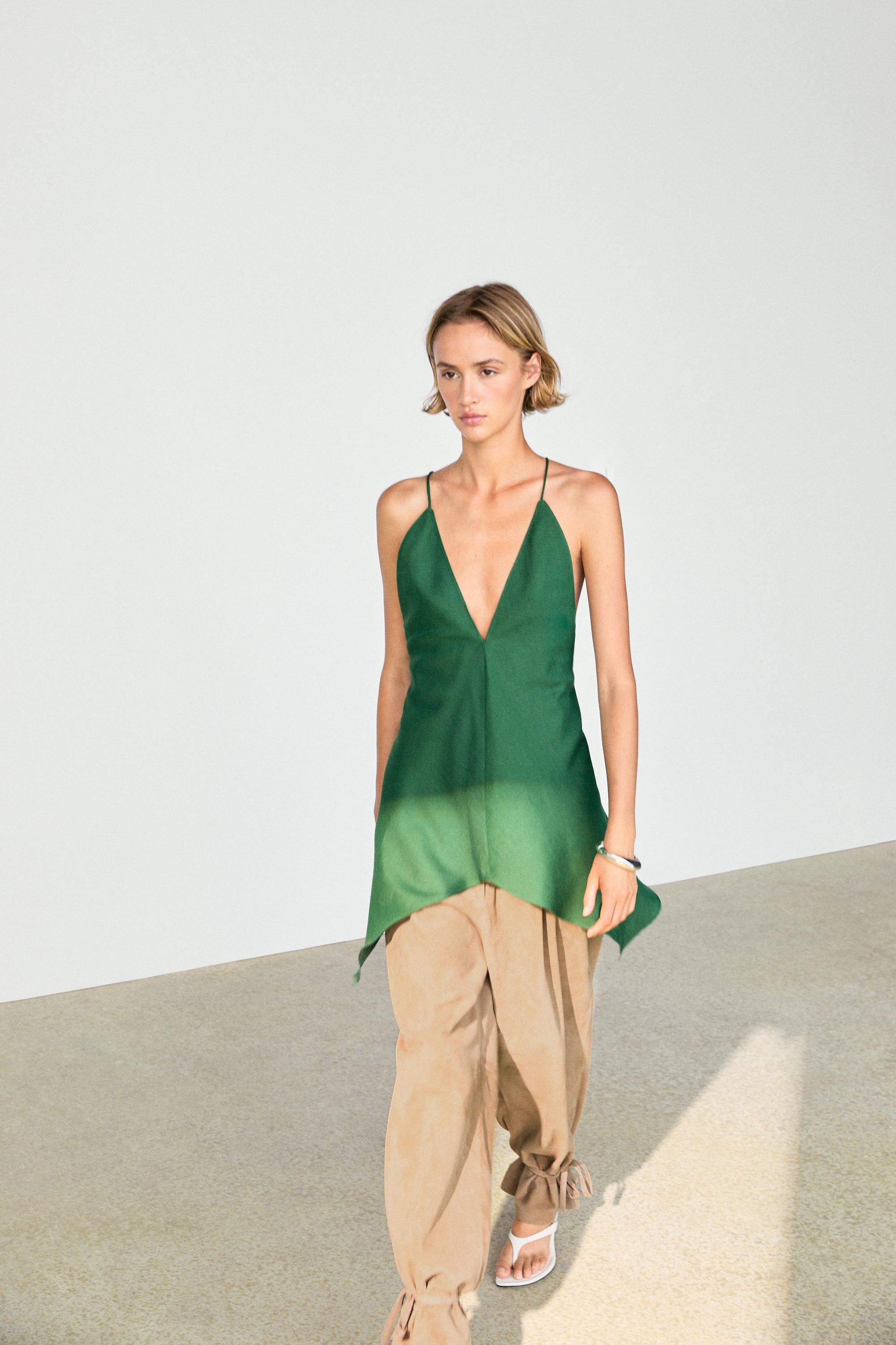 Asymmetric spaghetti strap top — BOTTLE GREEN