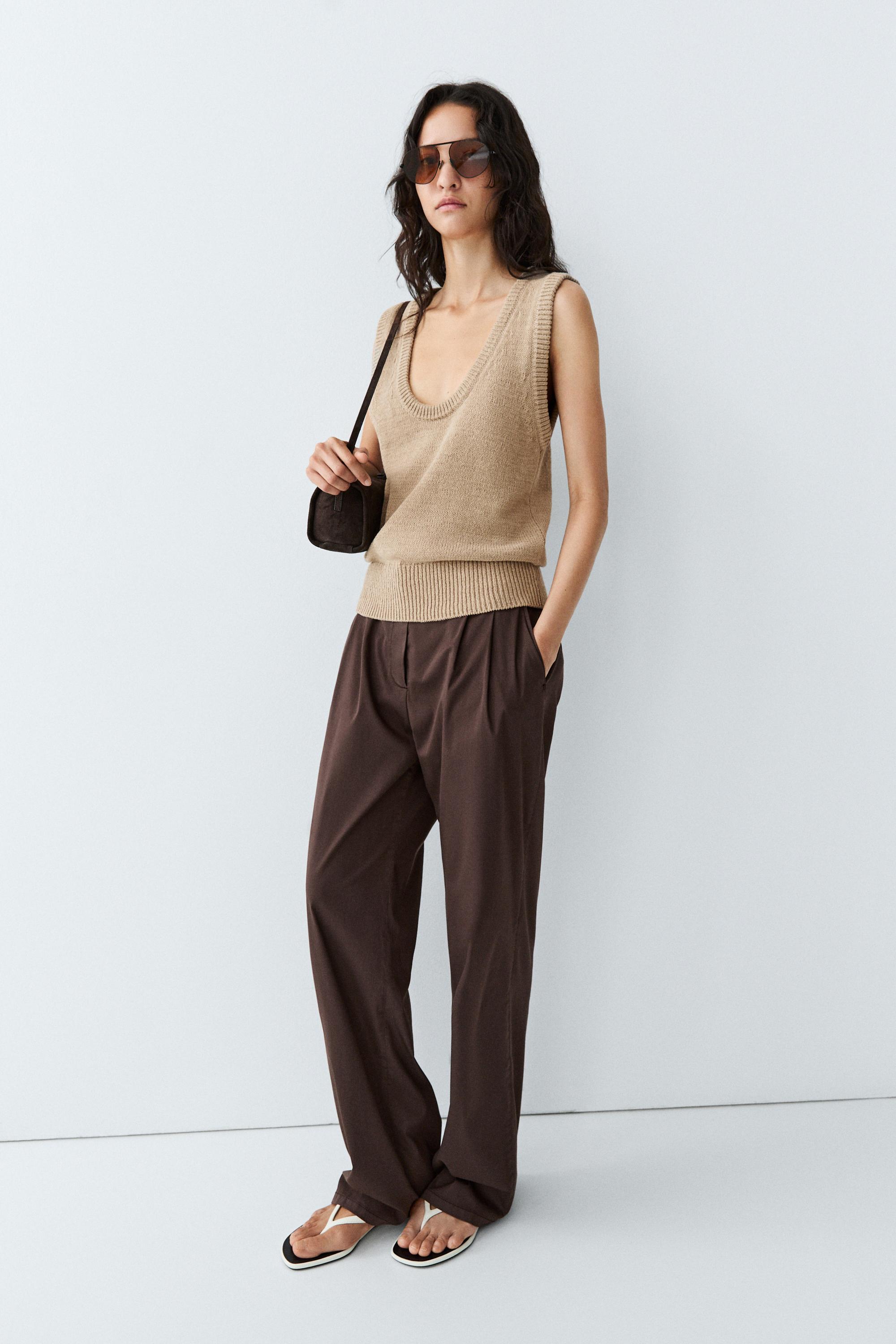 Cotton blend poplin pleated pants — Chocolate
