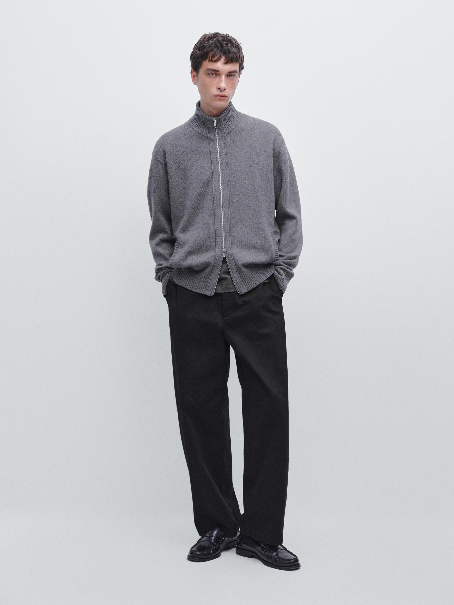Cardigan Mistura De Fazenda Com Pormenor De Fecho De Correr - Cinza Antracite - L - Massimo Dutti - Homem