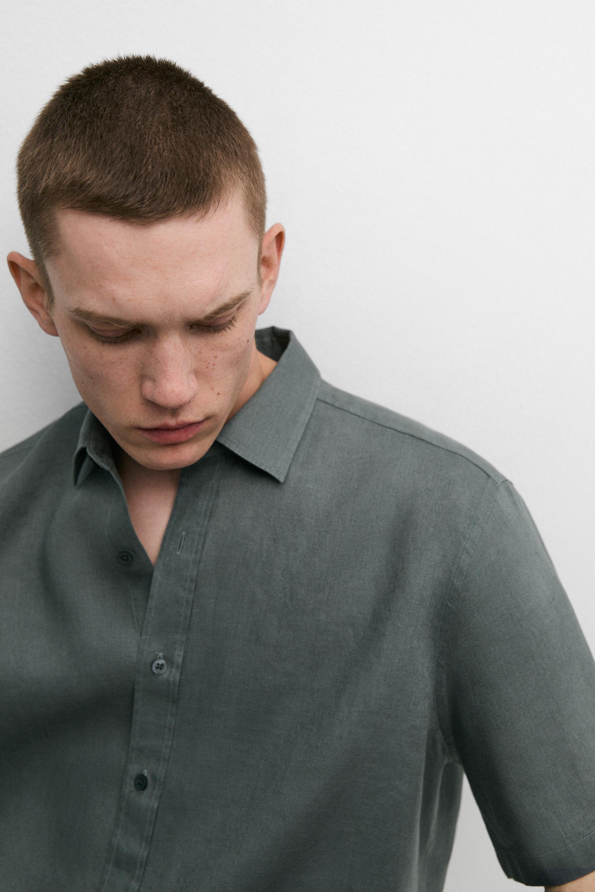 100% linen regular fit short sleeve shirt — GREY